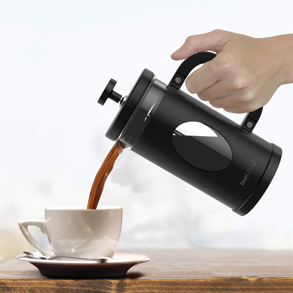 Bonvivo French Press Kaffeebereiter 1L - Schwarz, 8 Tassen | Coffee Maker in Kupfer-Optik - Kaffekanne Aus Glas M. Edelstahl Filter U. Rahmen - Kaffee Presse