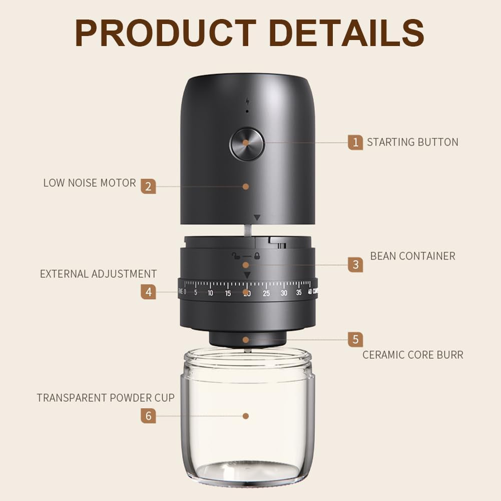 Elektrische Kaffeemühlen, Klein Coffee Grinder Wiederaufladbar, 40 Einstellbare Stufen Elektrische Mahlgerät Mit Keramikkern, 1800Mah Akkubetriebene Kaffeemühle Für Reisen, Camping