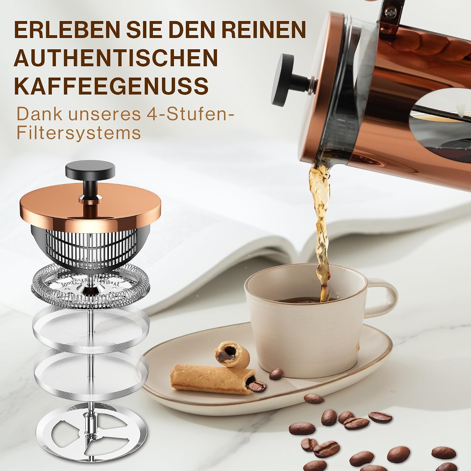 Bonvivo French Press 1L Kupfer-Optik – Kaffeepresse 8 Tassen | Kaffeebereiter Groß Aus Glas & Edelstahl – Coffee Maker Ohne Filter – Für Familie & Gäste