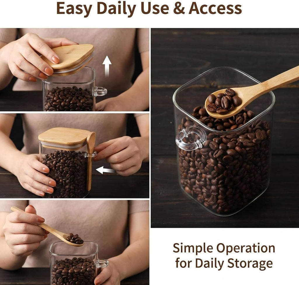Vorratsdose Aus Glas 1000 Ml Transparent Stapelbar Glasbehälter Mit Luftdichtem Verschluss Holzdeckel Und Löffel Küchenaufbewahrungsbehälter Für Kaffee Bohnen Tee Gewürzflasche Nüsse Süßigkeiten