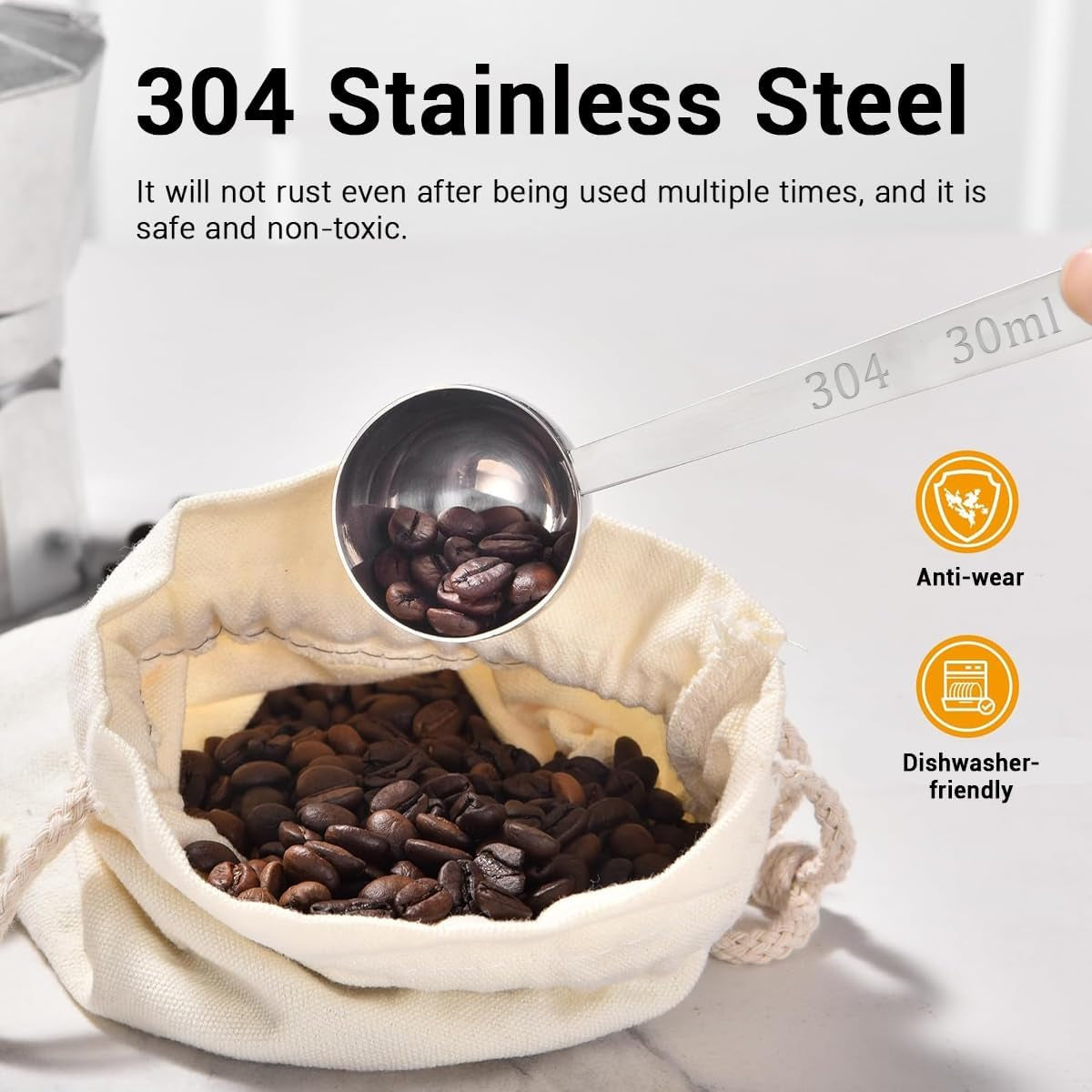Kaffeelöffel Portionierer 30Ml, Kaffeedosierlöffel Mit Extra Langem 24,9Cm Griff Aus Edelstahl, Für Gemahlenen Kaffee, Bohnen, Pulver, Geeignet Für Hohe Dosen Und Behälter (30Ml, Silber) ﻿