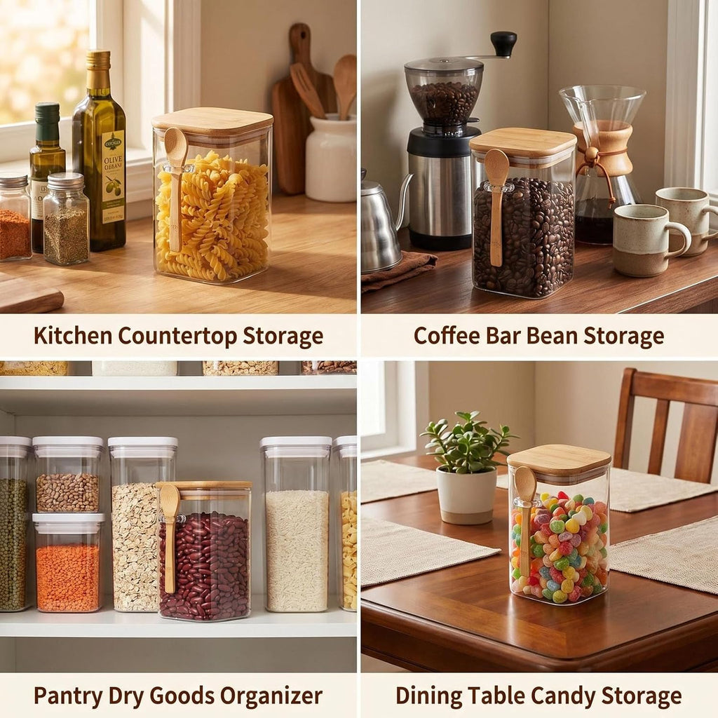 Vorratsdose Aus Glas 1000 Ml Transparent Stapelbar Glasbehälter Mit Luftdichtem Verschluss Holzdeckel Und Löffel Küchenaufbewahrungsbehälter Für Kaffee Bohnen Tee Gewürzflasche Nüsse Süßigkeiten