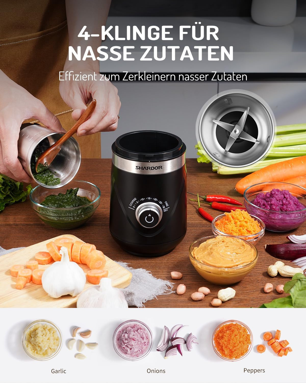SHARDOR Kaffeemühle Elektrisch Mit 2 Edelstahltassen Gewürzmühle, Automatischer Timer, Coffee Grinder Für Kaffeebohnen, Gewürzen, Getreide, Nüssen Verwendet Werden, 2 * 80 G