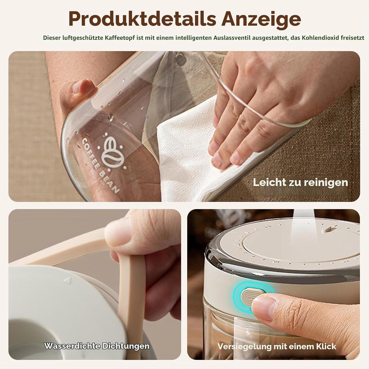 Glas Kaffeedose Luftdicht, 1,7L Vakuum Kaffeebohnen Transparent Behälter Mit Auslassventil Datumsanzeige Kaffeebehälter Aufbewahrung Für Kaffeebohnen Pulver Nüsse Tee Kakao Teeblätter