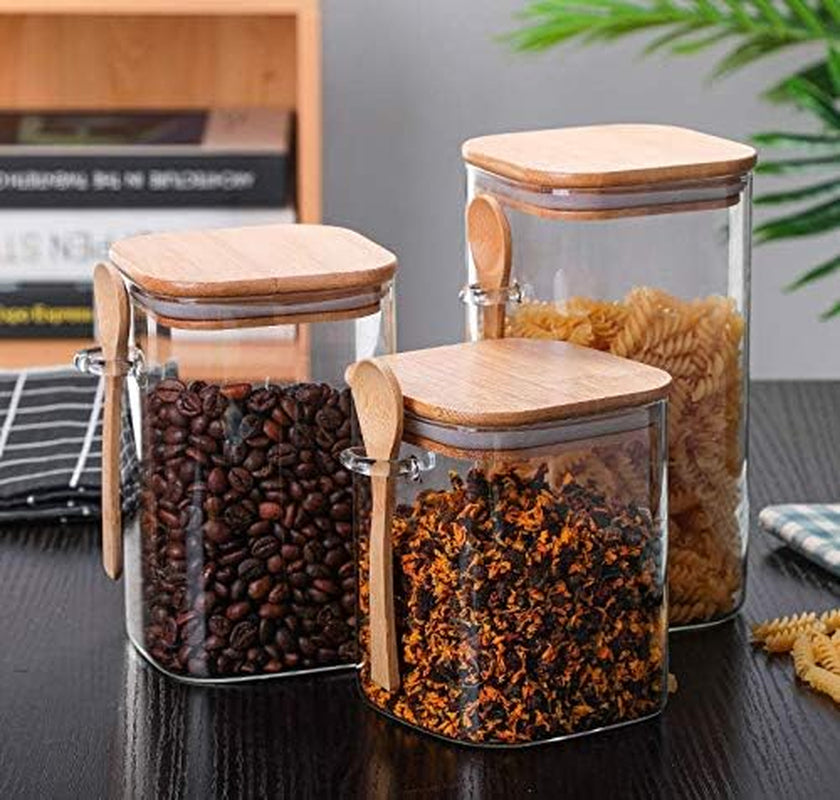 Vorratsdose Aus Glas 1000 Ml Transparent Stapelbar Glasbehälter Mit Luftdichtem Verschluss Holzdeckel Und Löffel Küchenaufbewahrungsbehälter Für Kaffee Bohnen Tee Gewürzflasche Nüsse Süßigkeiten
