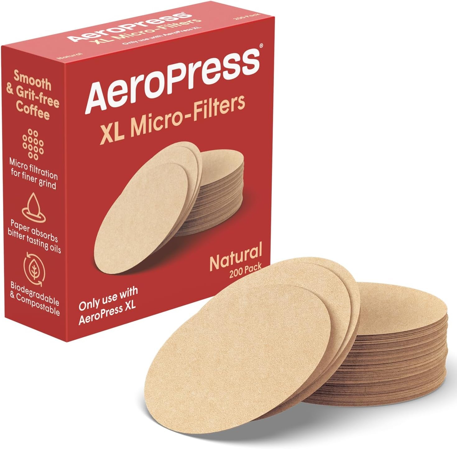 Aeropress XL Kaffeebereiter Naturpapier-Mikrofilter - Runde Ersatz-Kaffeefilter, Ungebleicht, Kompostierbare Papierfilter, Passend Für Aeropress XL Kaffeebereiter, 200 Stück | Runde Ersatz-Kaffeefilter, Ungebleicht, Kompostierbare Papierfilter