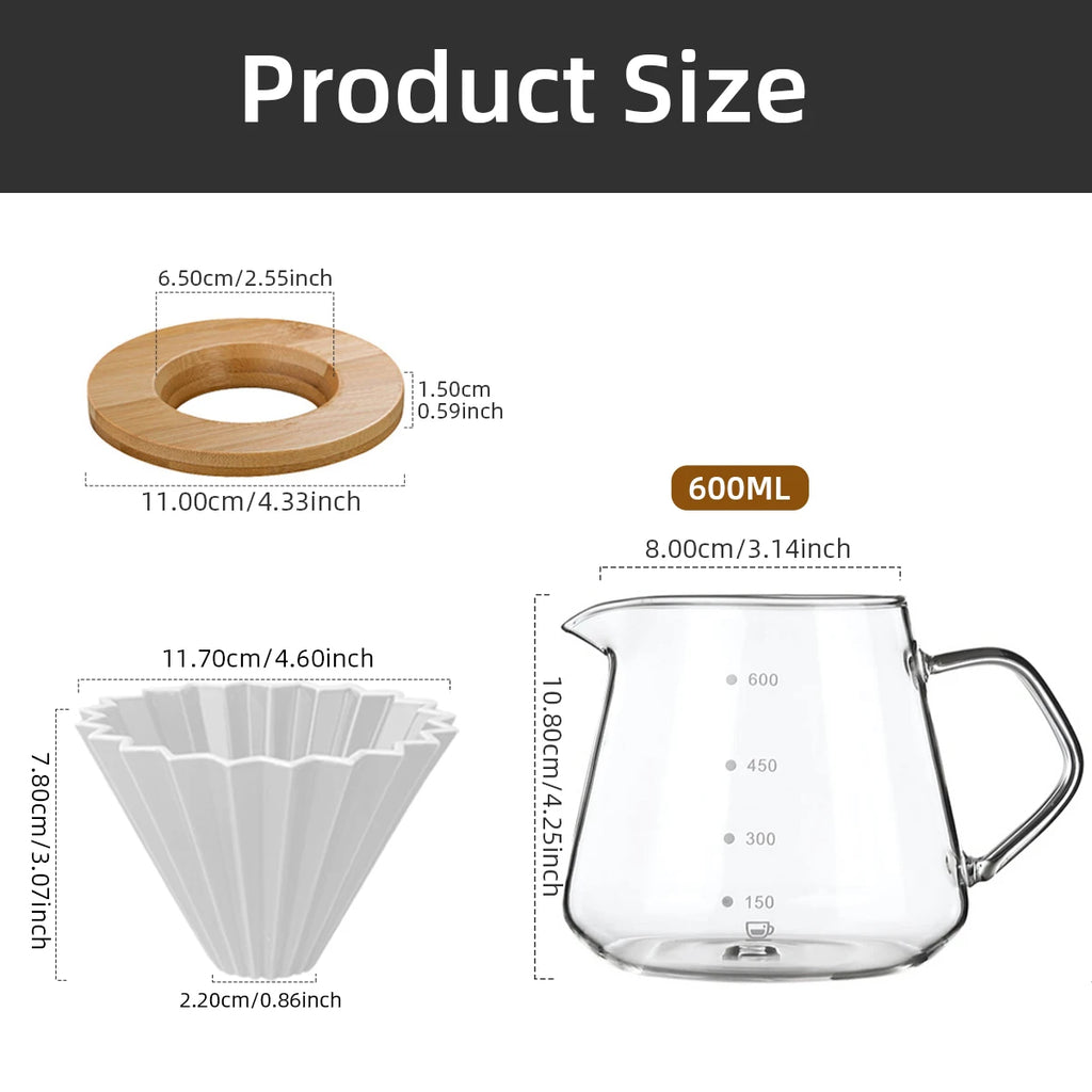 Glass Coffee Brew Pot Reusable Filter Drip Sharing Pot for Home or Office 600Ml Pour over Coffee Maker Set