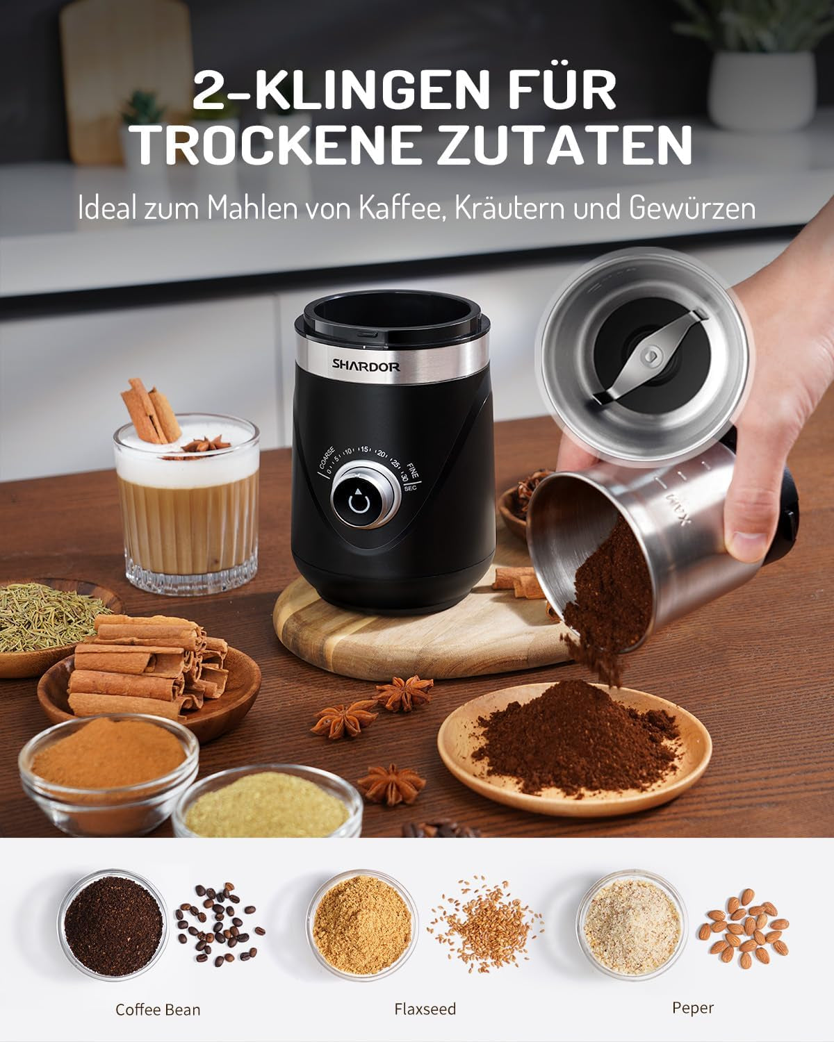 SHARDOR Kaffeemühle Elektrisch Mit 2 Edelstahltassen Gewürzmühle, Automatischer Timer, Coffee Grinder Für Kaffeebohnen, Gewürzen, Getreide, Nüssen Verwendet Werden, 2 * 80 G
