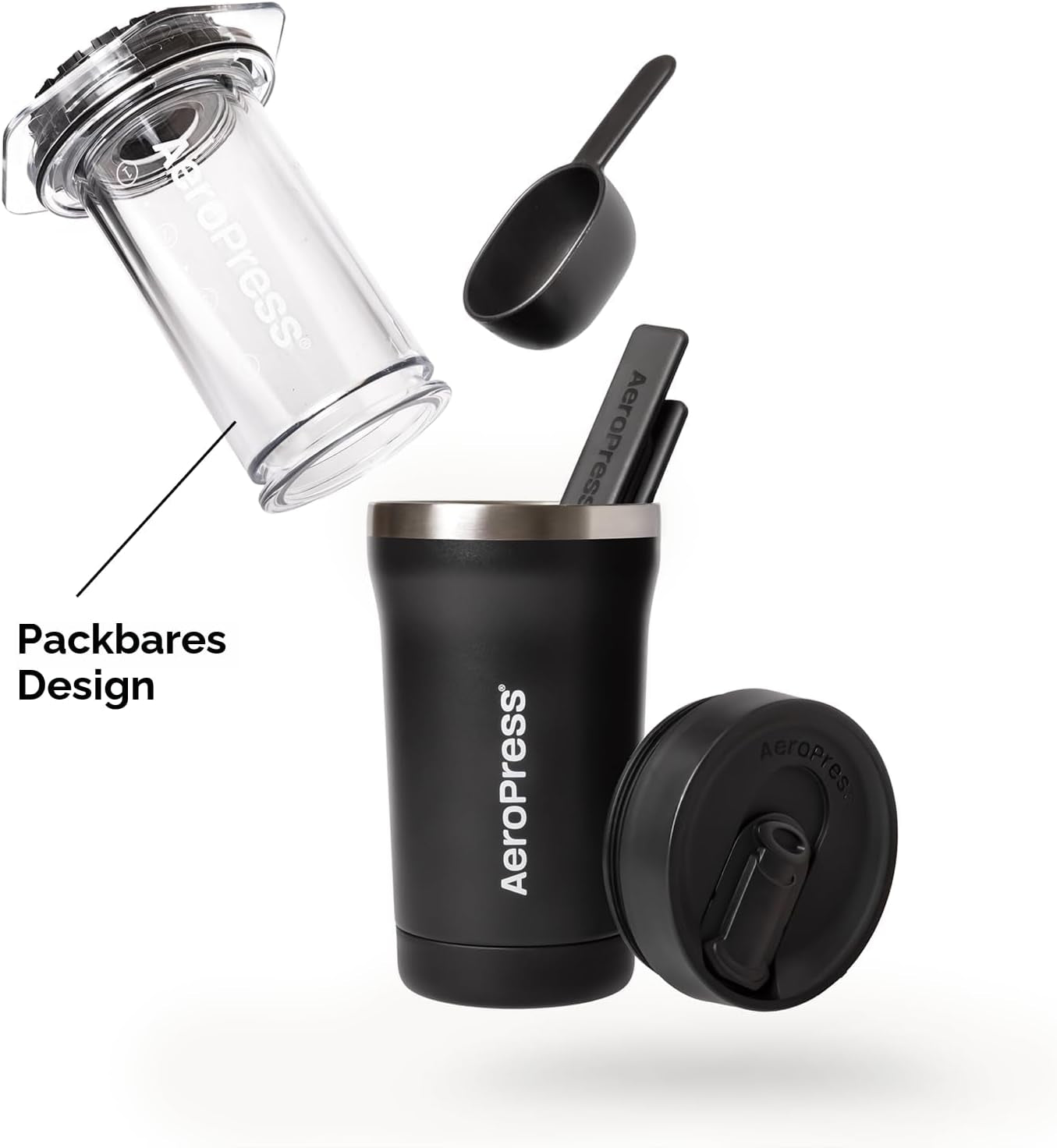 Aeropress Go plus Kleines Tragbares Kaffeemaschinen-Set, Ideal Für Reisen, Camping & Büro, All-In-One French Press, Manuelle Espresso- & Pour-Over-Kaffeemaschine, 2 Min Brühzeit, Schwarz