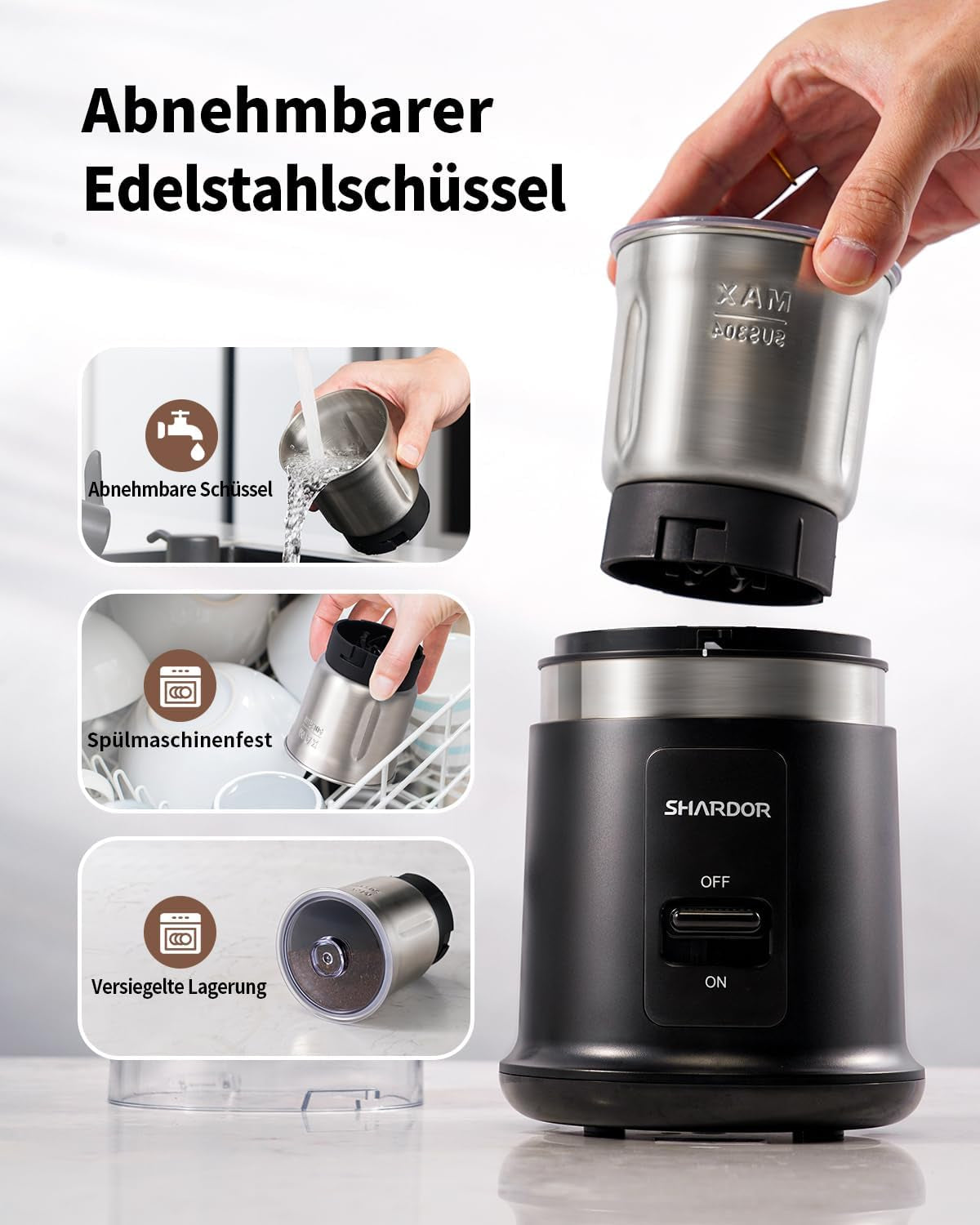 SHARDOR Kaffeemühle Elektrisch, 75G Füllmenge Gewürzmühle Mit Abnehmbarer Edelstahlschüssel, Coffee Grinder Für Kaffeebohnen, Gewürzen, Getreide, Nüssen Verwendet Werden