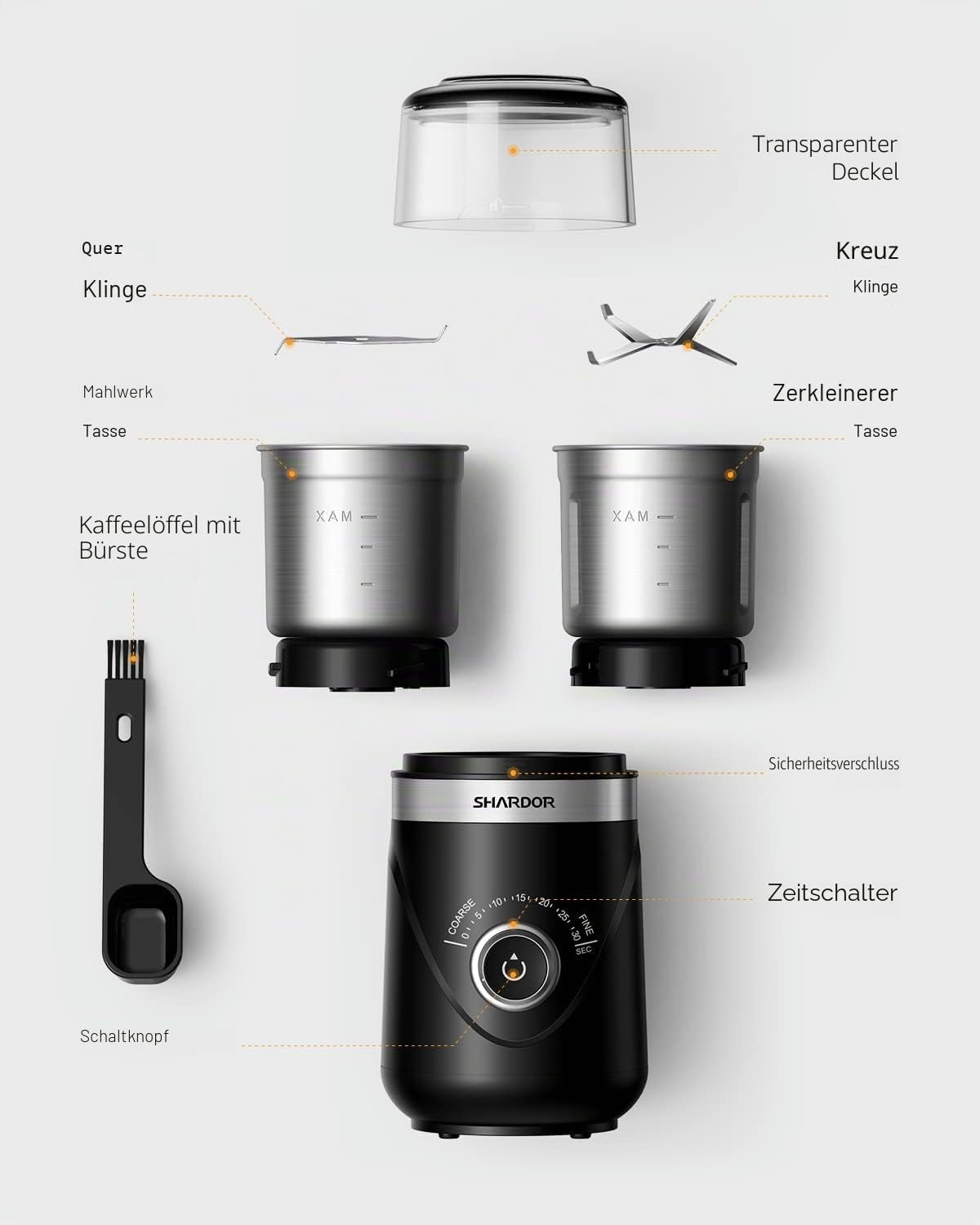 SHARDOR Kaffeemühle Elektrisch Mit 2 Edelstahltassen Gewürzmühle, Automatischer Timer, Coffee Grinder Für Kaffeebohnen, Gewürzen, Getreide, Nüssen Verwendet Werden, 2 * 80 G