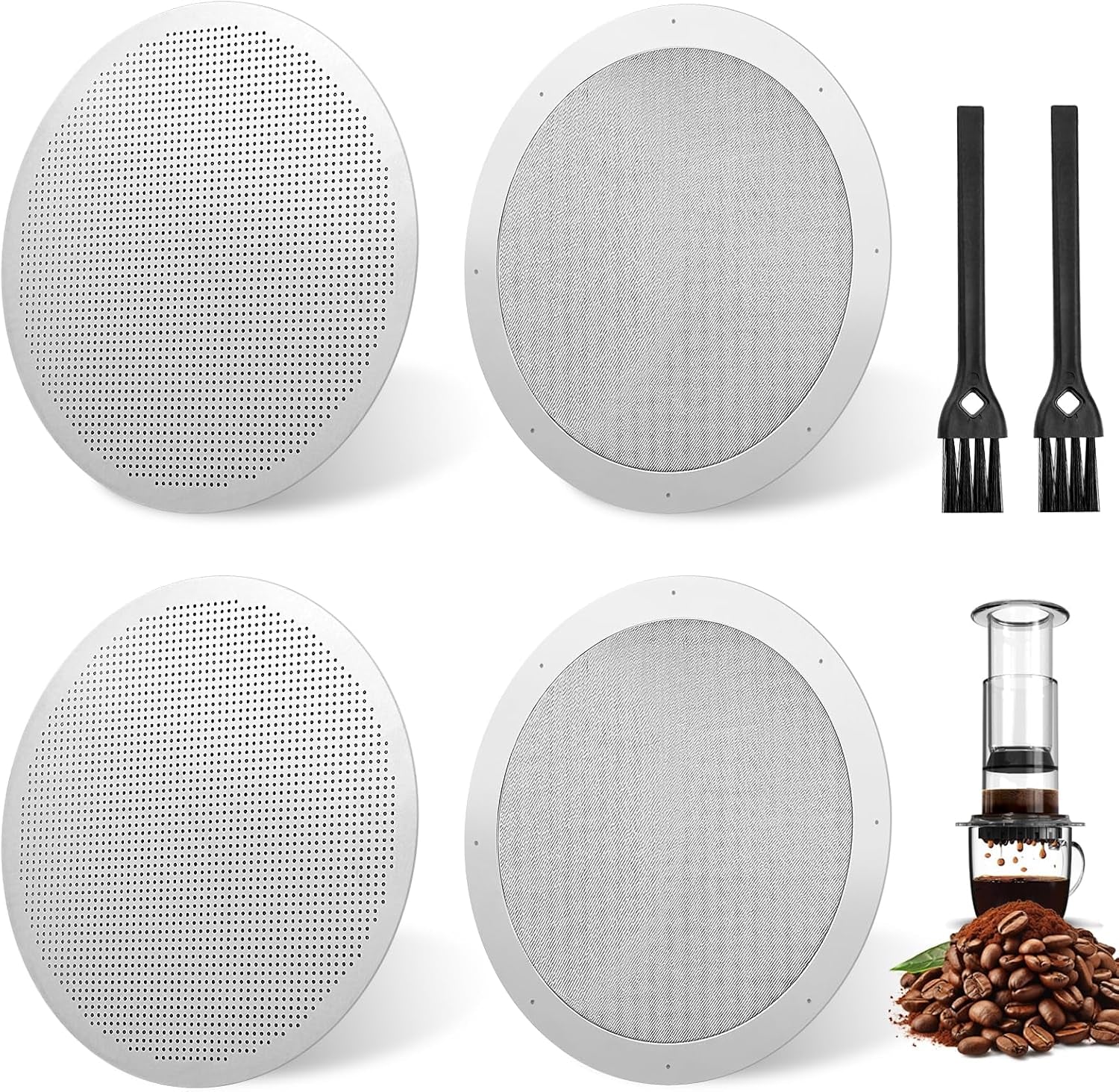 4-Teiliges Puck-Sieb Set, Wiederverwendbarer Edelstahl Kaffeefilter Für Aeropress Kaffeemaschine, Mit 2 Filterplatten, 2 Randfiltern Und 2 Bürsten, 61 Mm Größe.
