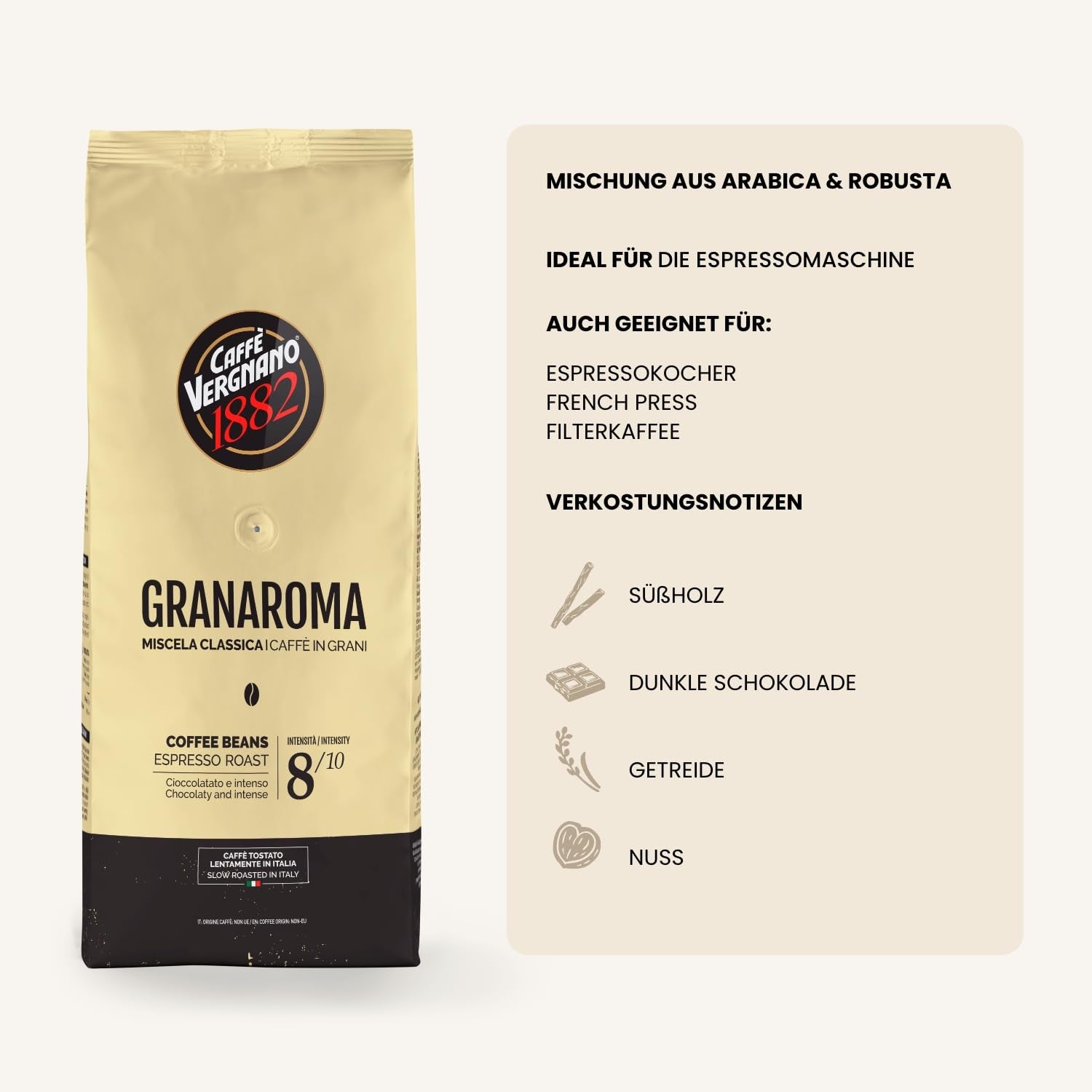 Caffè Vergnano 1882 - Ganze Bohnen Granaroma | 1 Packung, 1 Kg