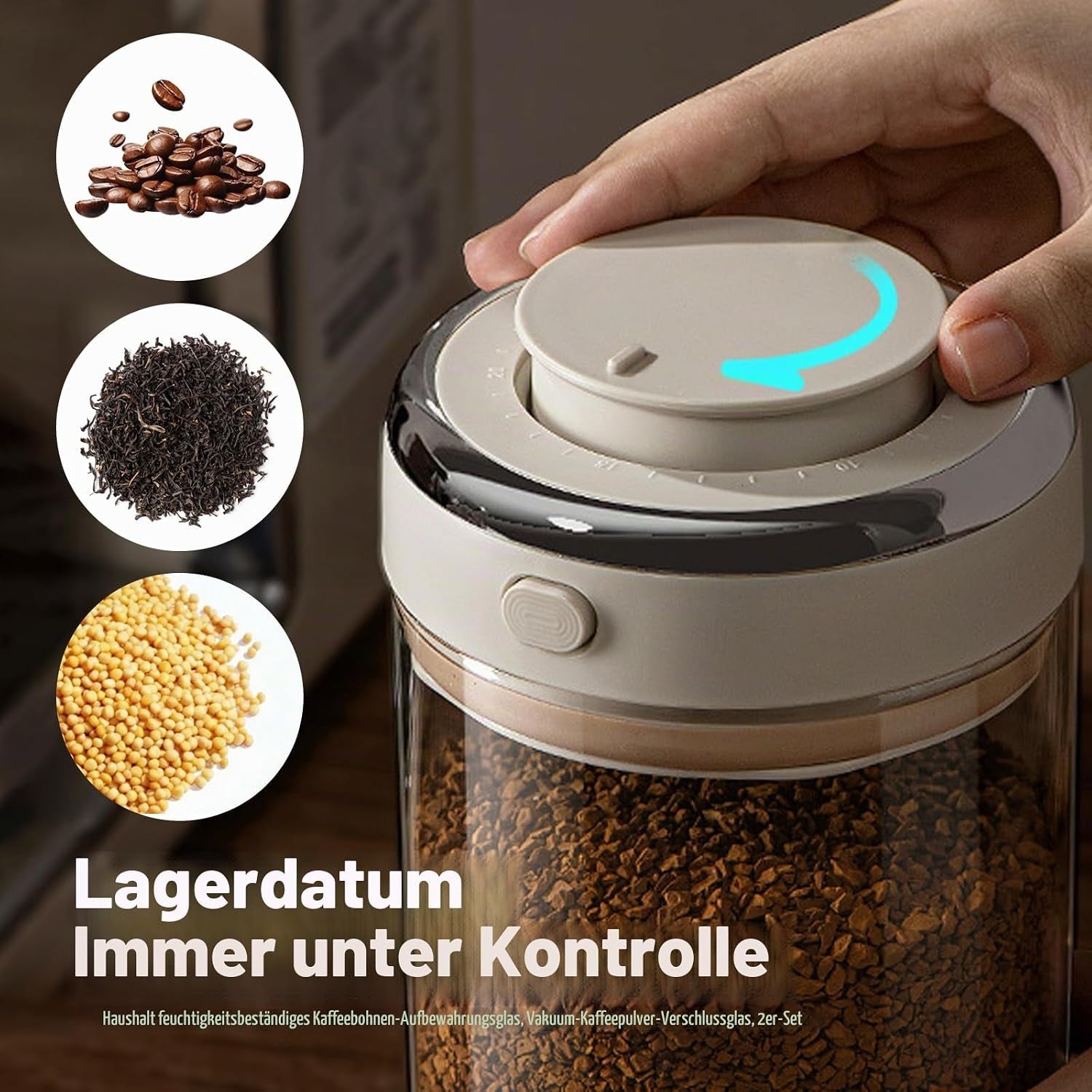 Glas Kaffeedose Luftdicht, 1,7L Vakuum Kaffeebohnen Transparent Behälter Mit Auslassventil Datumsanzeige Kaffeebehälter Aufbewahrung Für Kaffeebohnen Pulver Nüsse Tee Kakao Teeblätter