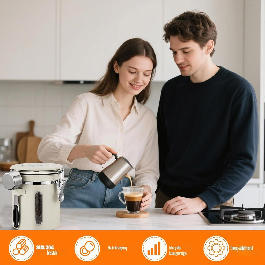 Kaffeedose Luftdicht Mit Messlöffel & Ventil, 1,8L Datumsanzeige Wiederverwendbarer Kaffeebehälter, Kaffeebohnen Behälter Aus Edelstahl Für Zucker Tee Nüsse Kakao Länger & Frisch Bleiben