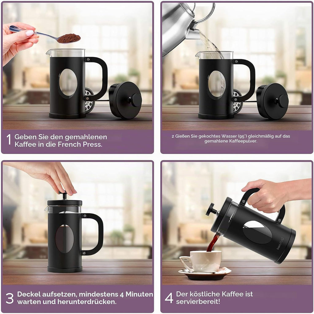 Bonvivo French Press Kaffeebereiter 1L - Schwarz, 8 Tassen | Coffee Maker in Kupfer-Optik - Kaffekanne Aus Glas M. Edelstahl Filter U. Rahmen - Kaffee Presse