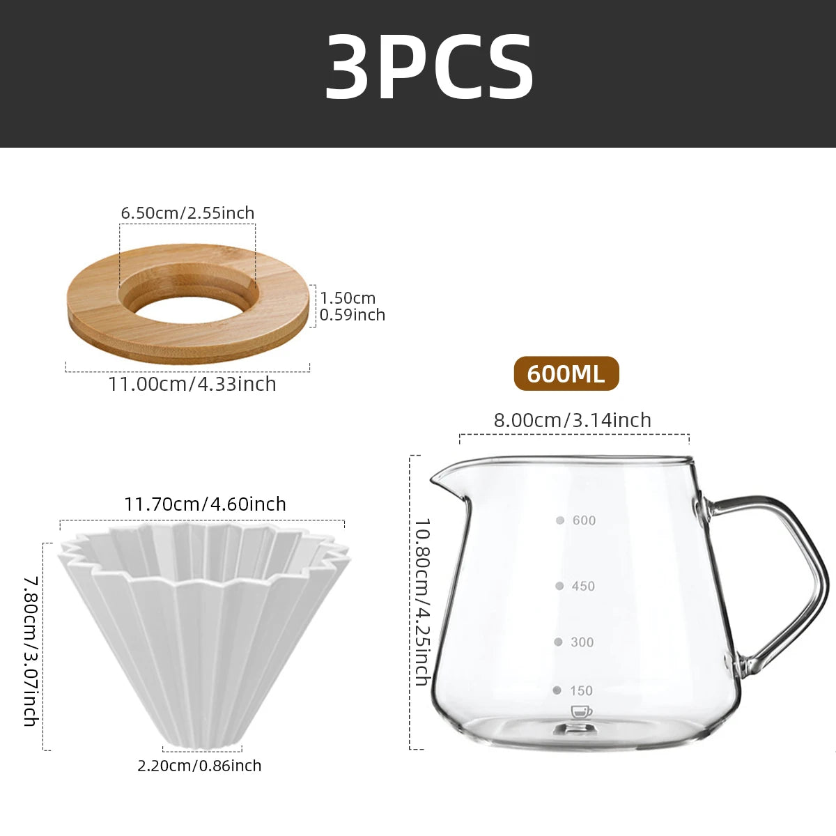 Glass Coffee Brew Pot Reusable Filter Drip Sharing Pot for Home or Office 600Ml Pour over Coffee Maker Set