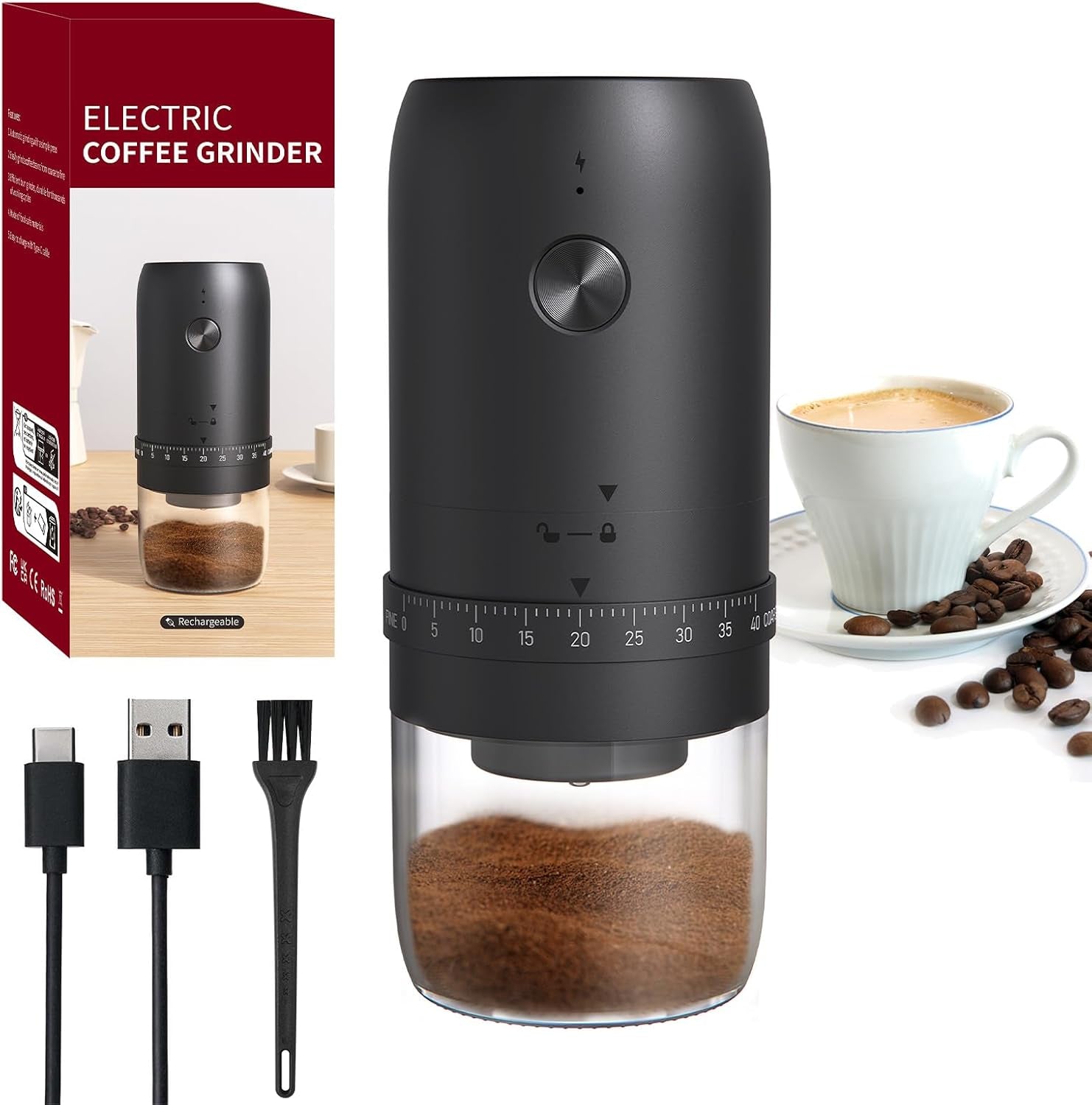 Elektrische Kaffeemühlen, Klein Coffee Grinder Wiederaufladbar, 40 Einstellbare Stufen Elektrische Mahlgerät Mit Keramikkern, 1800Mah Akkubetriebene Kaffeemühle Für Reisen, Camping