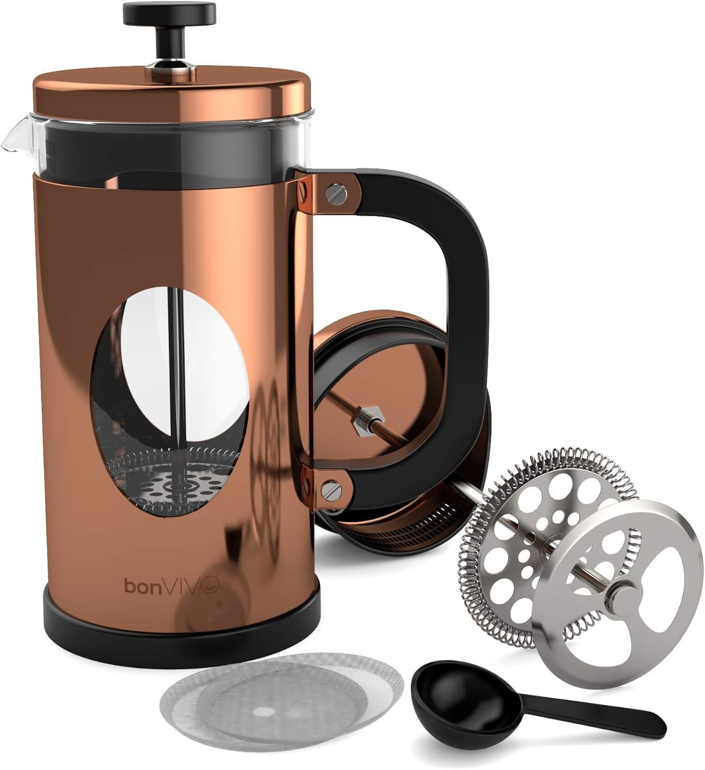 Bonvivo French Press 1L Kupfer-Optik – Kaffeepresse 8 Tassen | Kaffeebereiter Groß Aus Glas & Edelstahl – Coffee Maker Ohne Filter – Für Familie & Gäste
