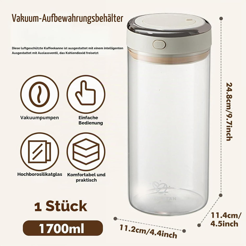 Glas Kaffeedose Luftdicht, 1,7L Vakuum Kaffeebohnen Transparent Behälter Mit Auslassventil Datumsanzeige Kaffeebehälter Aufbewahrung Für Kaffeebohnen Pulver Nüsse Tee Kakao Teeblätter