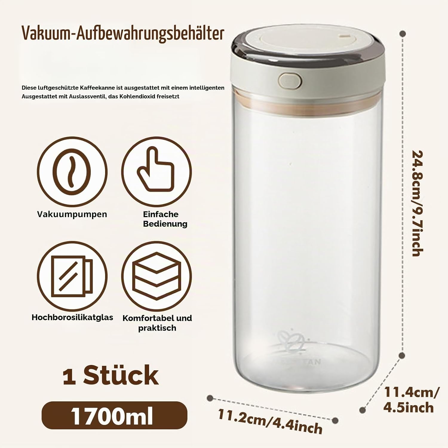 Glas Kaffeedose Luftdicht, 1,7L Vakuum Kaffeebohnen Transparent Behälter Mit Auslassventil Datumsanzeige Kaffeebehälter Aufbewahrung Für Kaffeebohnen Pulver Nüsse Tee Kakao Teeblätter
