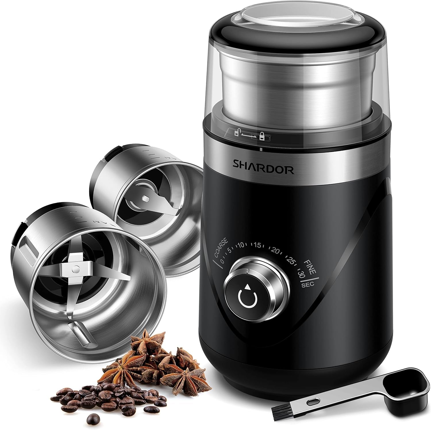 SHARDOR Kaffeemühle Elektrisch Mit 2 Edelstahltassen Gewürzmühle, Automatischer Timer, Coffee Grinder Für Kaffeebohnen, Gewürzen, Getreide, Nüssen Verwendet Werden, 2 * 80 G