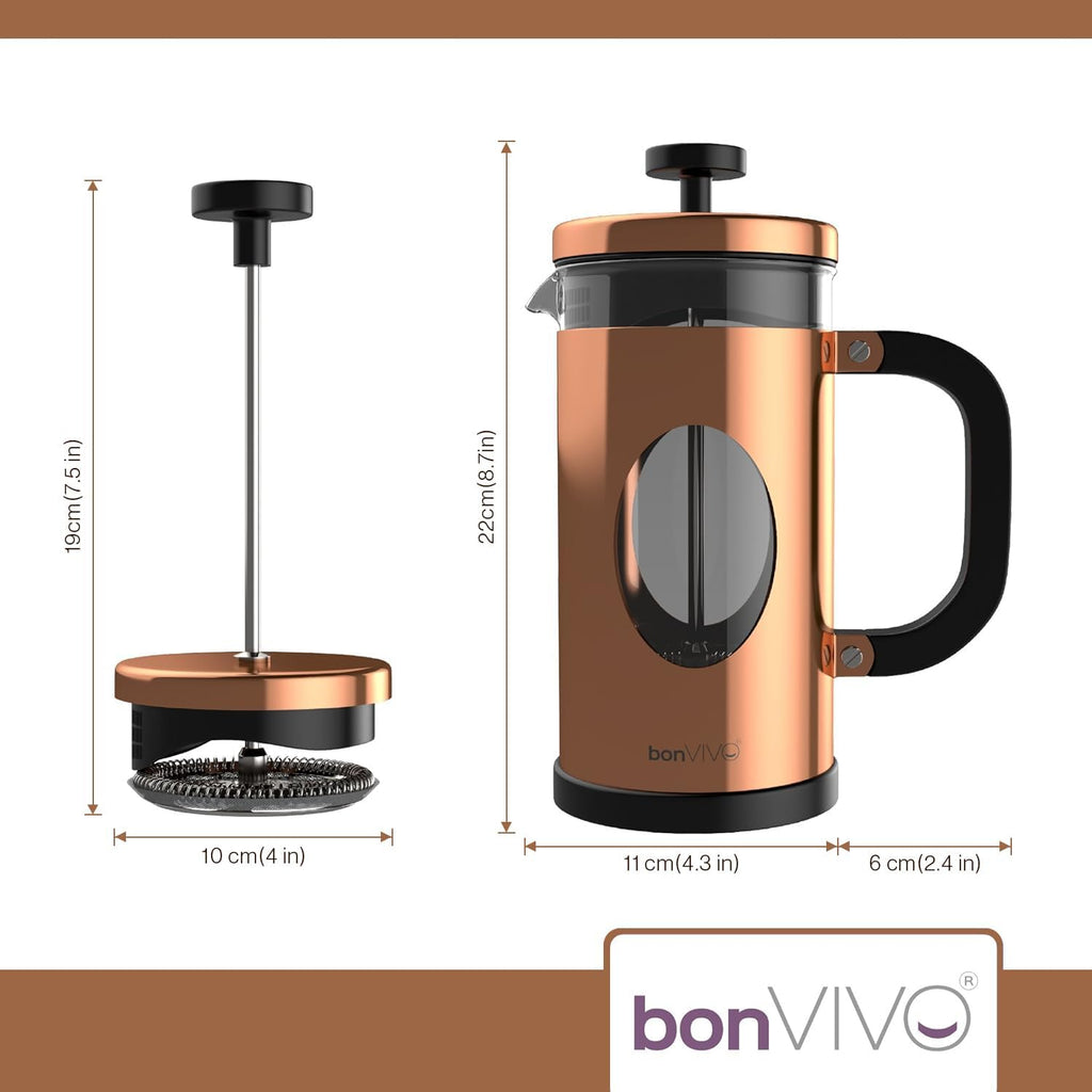 Bonvivo French Press 1L Kupfer-Optik – Kaffeepresse 8 Tassen | Kaffeebereiter Groß Aus Glas & Edelstahl – Coffee Maker Ohne Filter – Für Familie & Gäste
