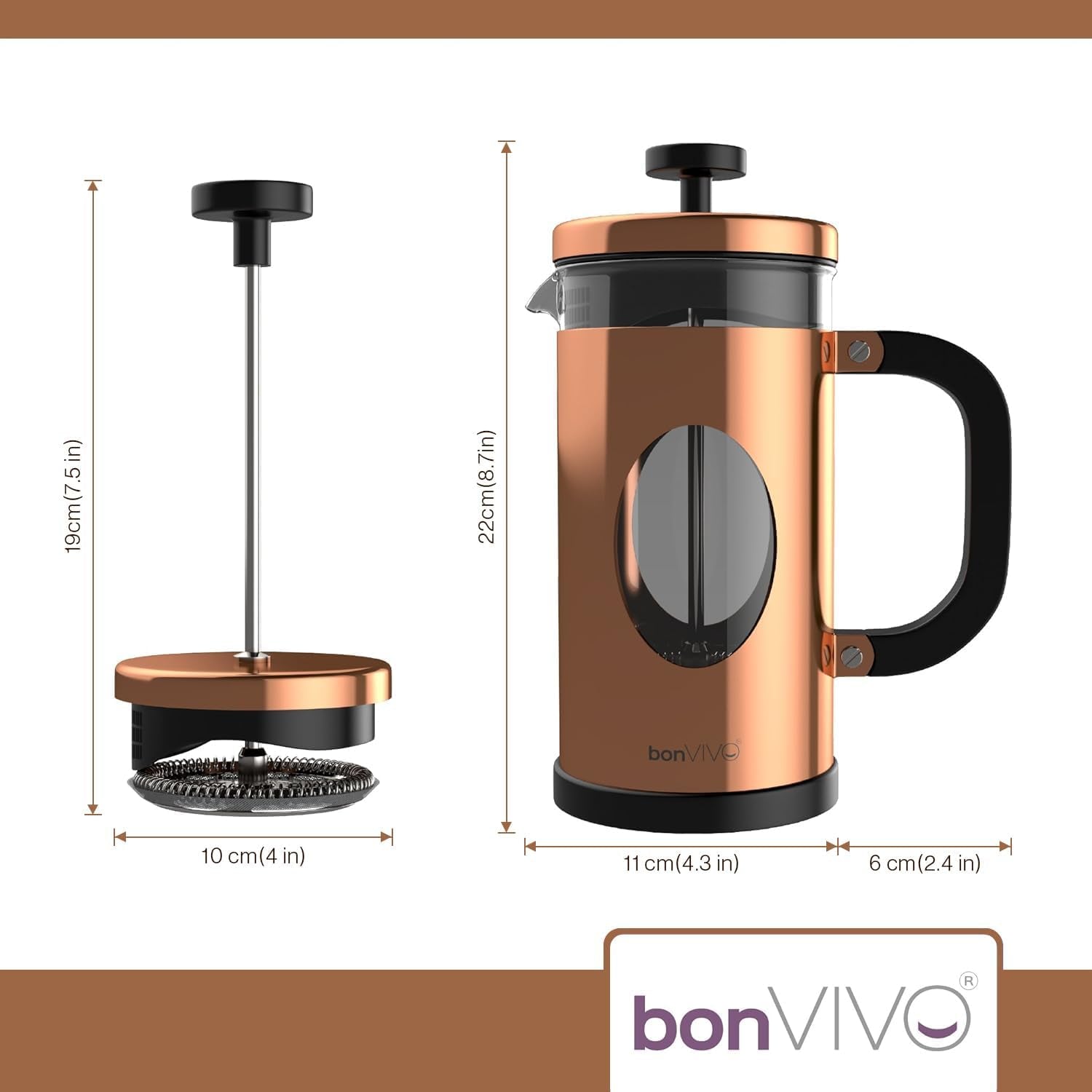 Bonvivo French Press 1L Kupfer-Optik – Kaffeepresse 8 Tassen | Kaffeebereiter Groß Aus Glas & Edelstahl – Coffee Maker Ohne Filter – Für Familie & Gäste