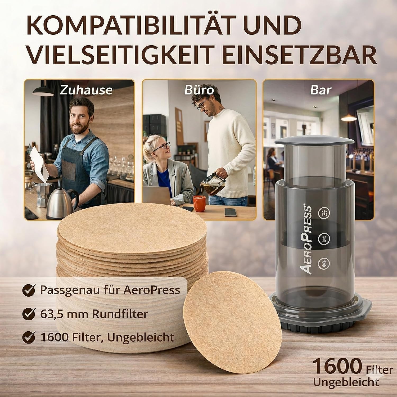 1600 Stück Filter Für Aeropress – 63,5 Mm Kaffeefilter, Ungebleicht | Runde Papierfilter, Naturbraun Für Aeropress Original & Go Sowie Ausgewählte Bialetti Moka Pots Und Espressokocher