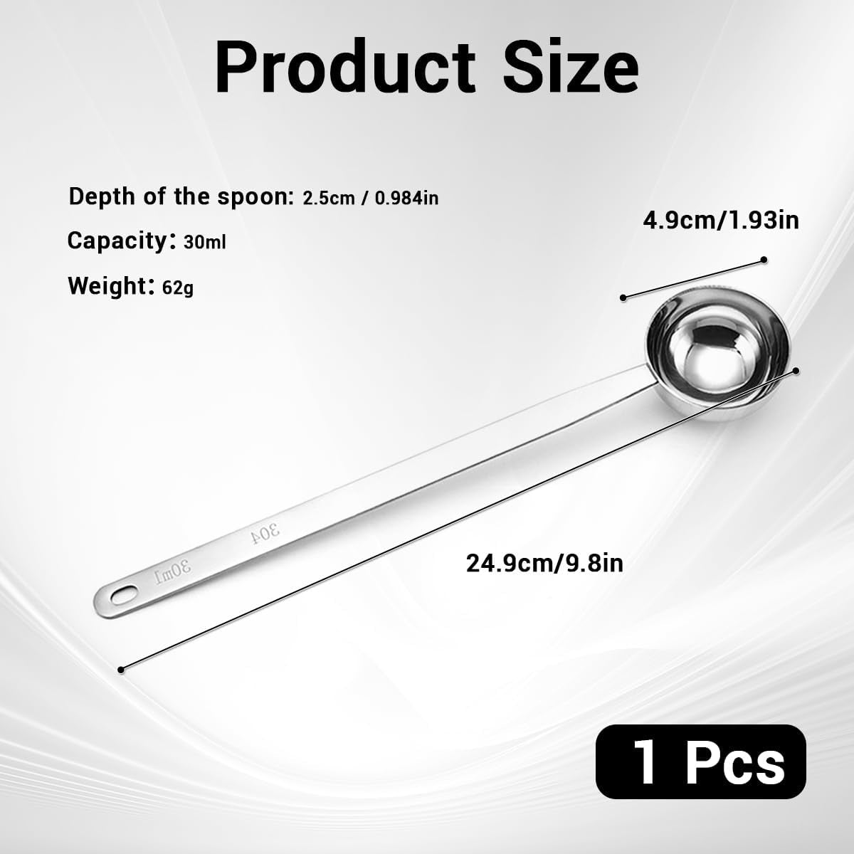 Kaffeelöffel Portionierer 30Ml, Kaffeedosierlöffel Mit Extra Langem 24,9Cm Griff Aus Edelstahl, Für Gemahlenen Kaffee, Bohnen, Pulver, Geeignet Für Hohe Dosen Und Behälter (30Ml, Silber) ﻿