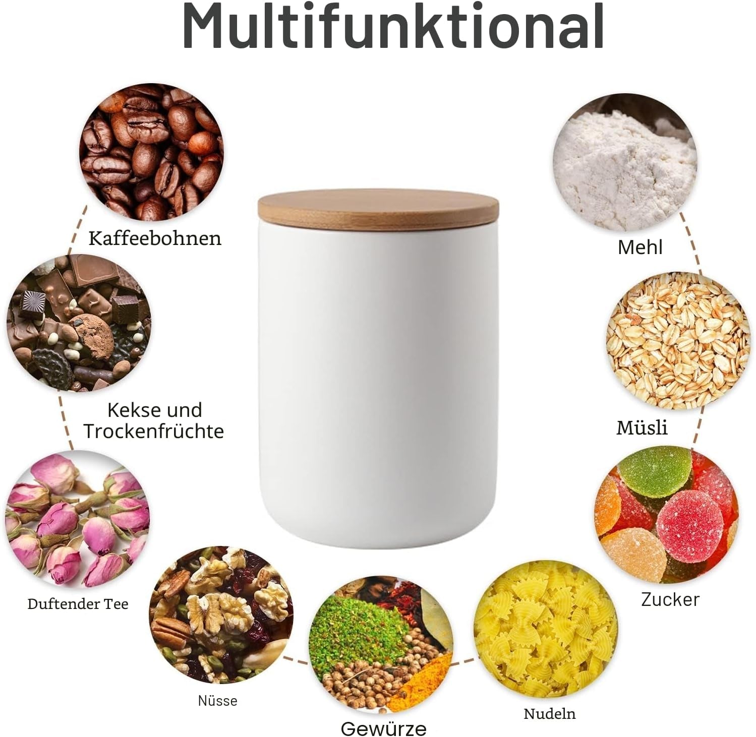 Vorratsdose Mit Deckel, Keramik Zuckerdose Für Kaffee, Tee, Gewürze | Zuckerdose Mit Deckel Aus Bambus, Kaffeedose Luftdicht Küchen Keramikdose Aufbewahrung Dosen Salzdose Keksdose, Weiß 260ML