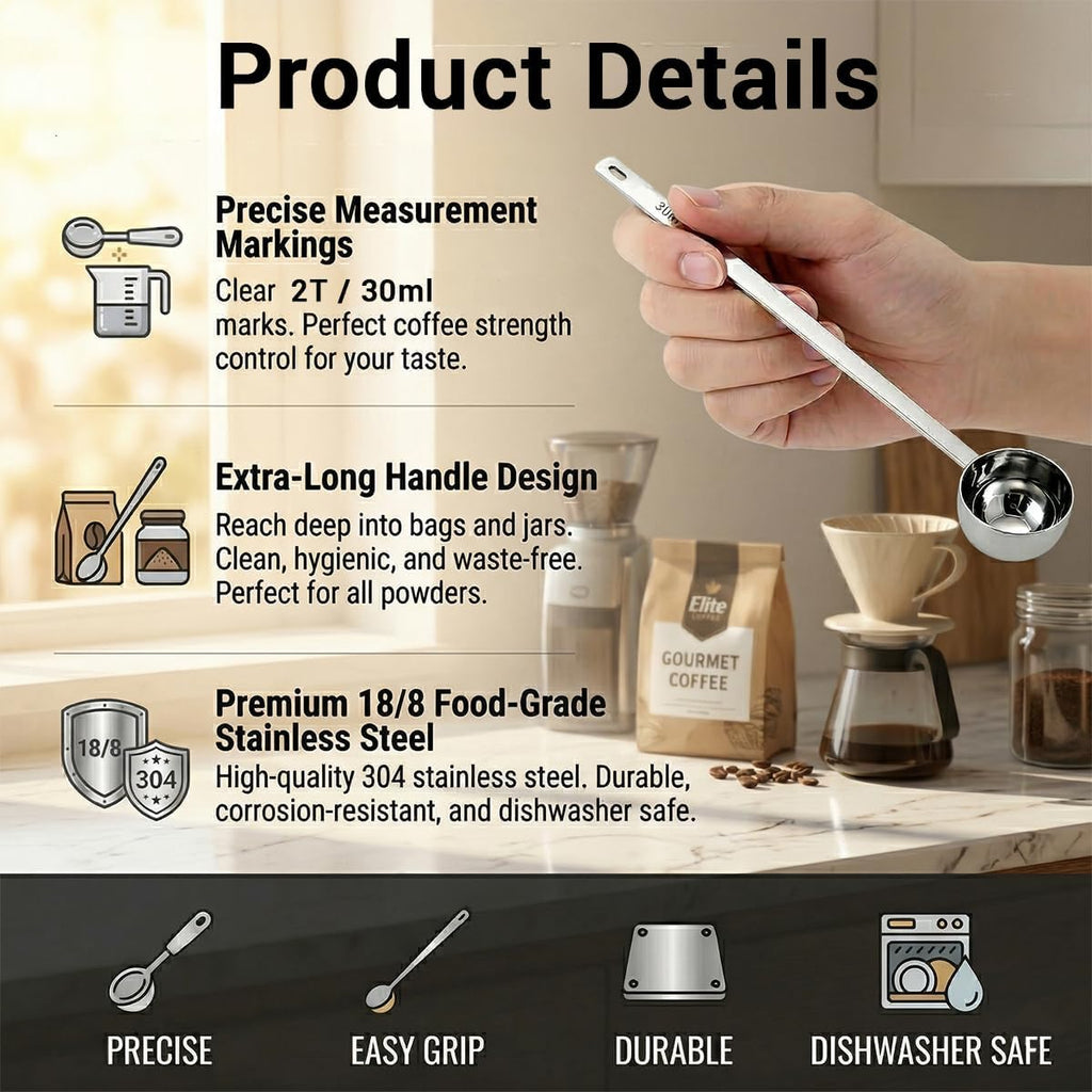 Kaffeelöffel Portionierer 30Ml, Kaffeedosierlöffel Mit Extra Langem 24,9Cm Griff Aus Edelstahl, Für Gemahlenen Kaffee, Bohnen, Pulver, Geeignet Für Hohe Dosen Und Behälter (30Ml, Silber) ﻿
