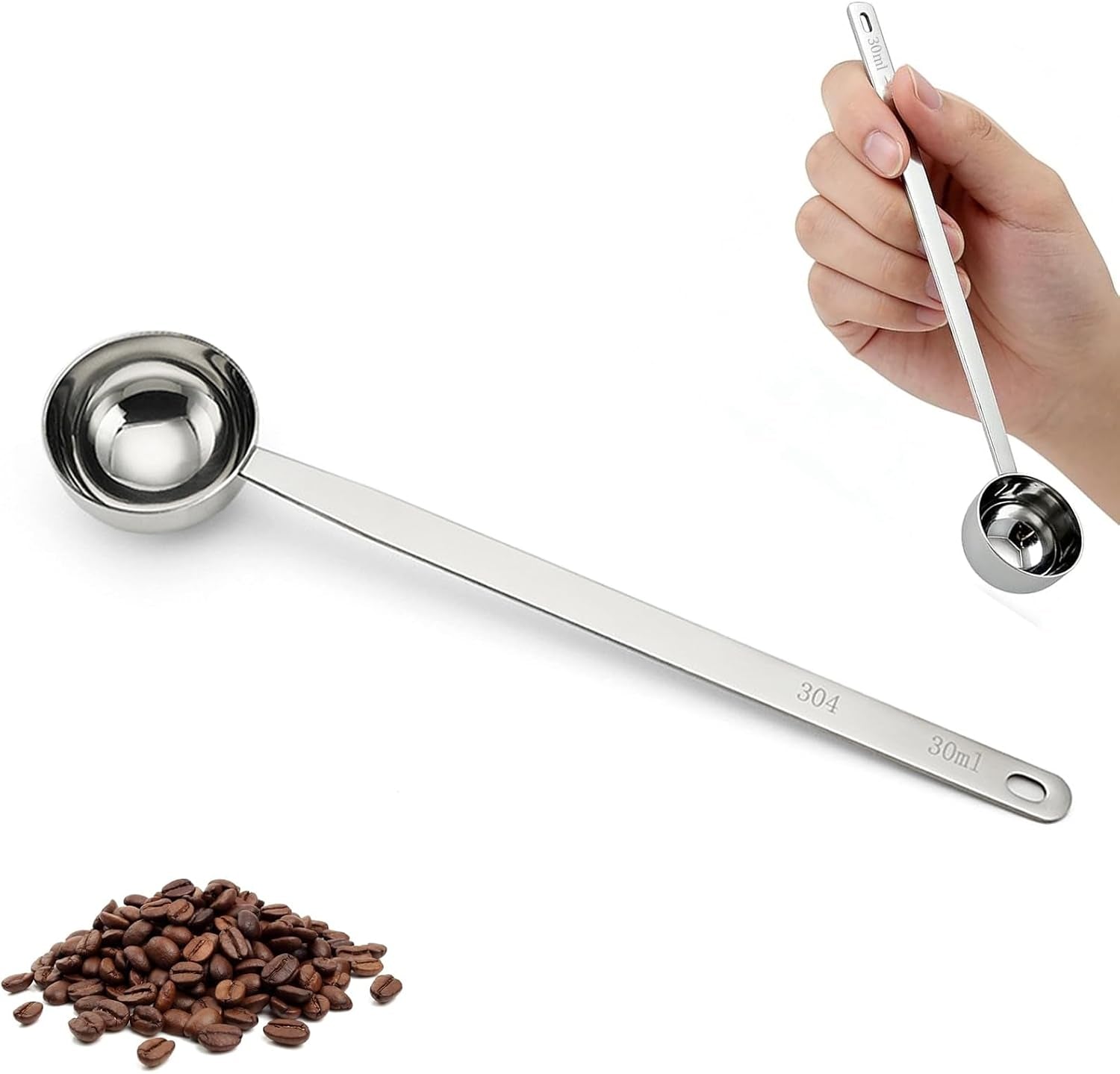 Kaffeelöffel Portionierer 30Ml, Kaffeedosierlöffel Mit Extra Langem 24,9Cm Griff Aus Edelstahl, Für Gemahlenen Kaffee, Bohnen, Pulver, Geeignet Für Hohe Dosen Und Behälter (30Ml, Silber) ﻿