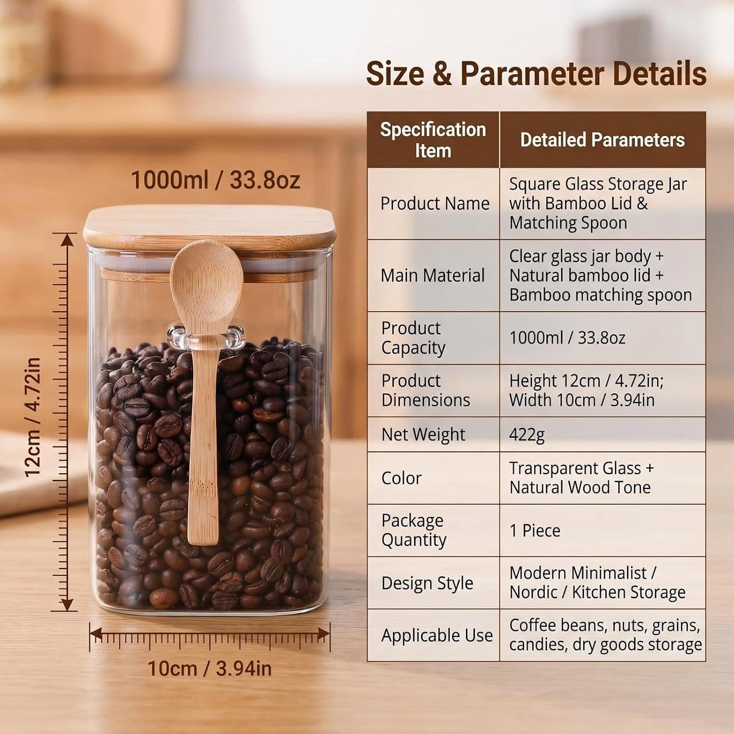 Vorratsdose Aus Glas 1000 Ml Transparent Stapelbar Glasbehälter Mit Luftdichtem Verschluss Holzdeckel Und Löffel Küchenaufbewahrungsbehälter Für Kaffee Bohnen Tee Gewürzflasche Nüsse Süßigkeiten