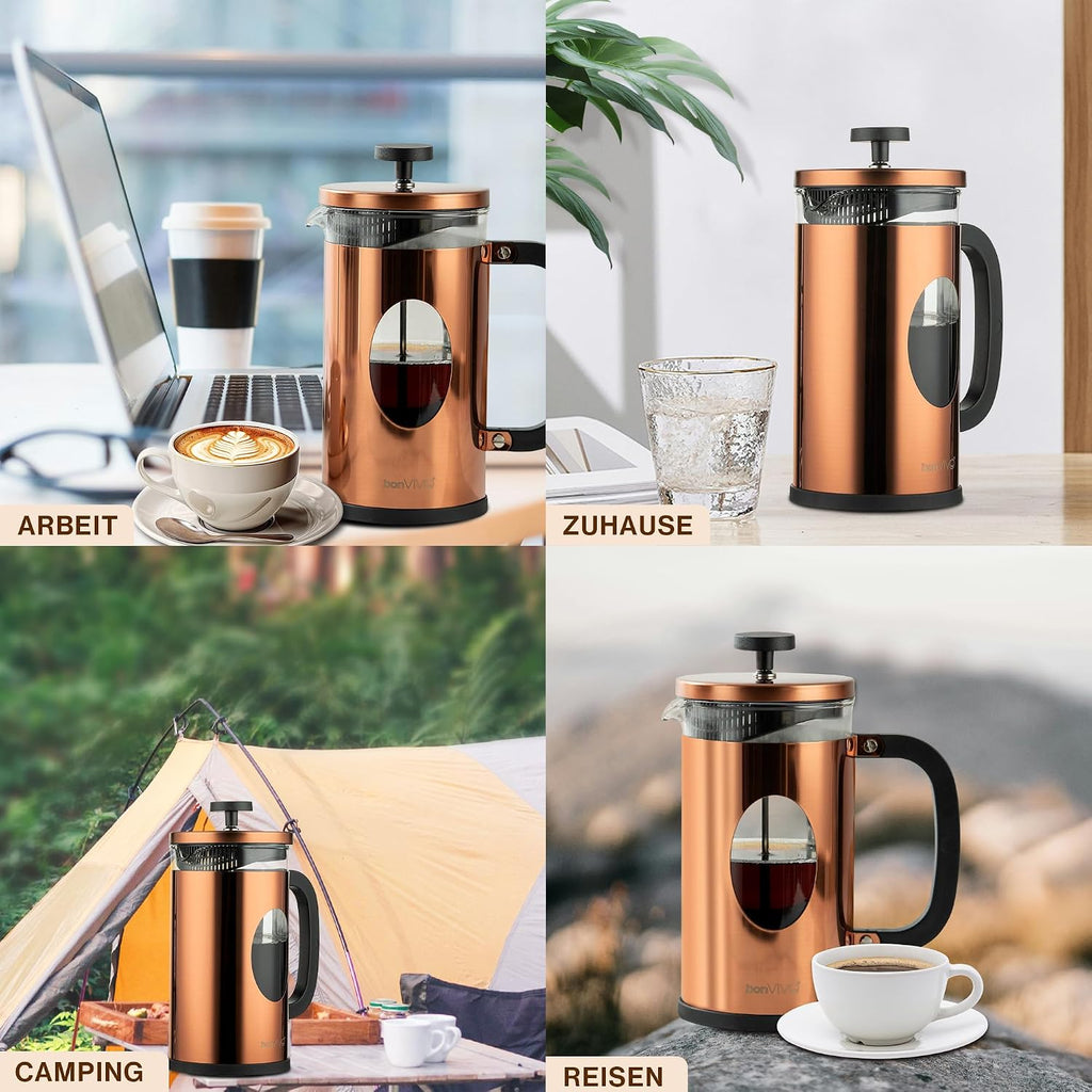 Bonvivo French Press 1L Kupfer-Optik – Kaffeepresse 8 Tassen | Kaffeebereiter Groß Aus Glas & Edelstahl – Coffee Maker Ohne Filter – Für Familie & Gäste