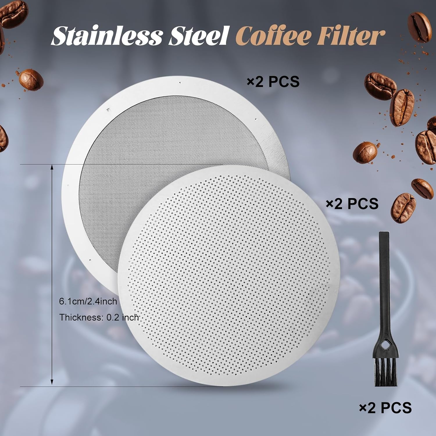 4-Teiliges Puck-Sieb Set, Wiederverwendbarer Edelstahl Kaffeefilter Für Aeropress Kaffeemaschine, Mit 2 Filterplatten, 2 Randfiltern Und 2 Bürsten, 61 Mm Größe.