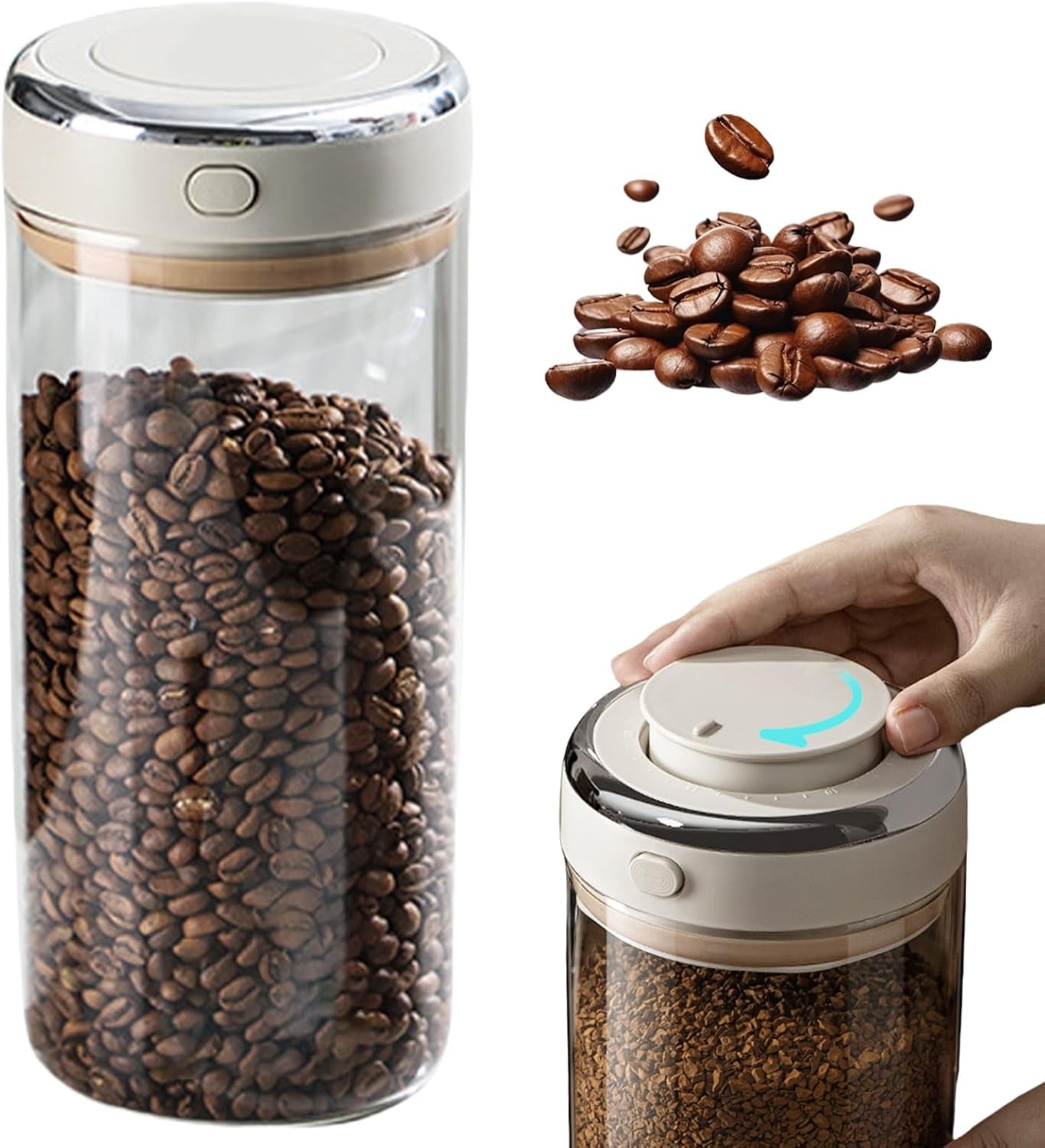 Glas Kaffeedose Luftdicht, 1,7L Vakuum Kaffeebohnen Transparent Behälter Mit Auslassventil Datumsanzeige Kaffeebehälter Aufbewahrung Für Kaffeebohnen Pulver Nüsse Tee Kakao Teeblätter