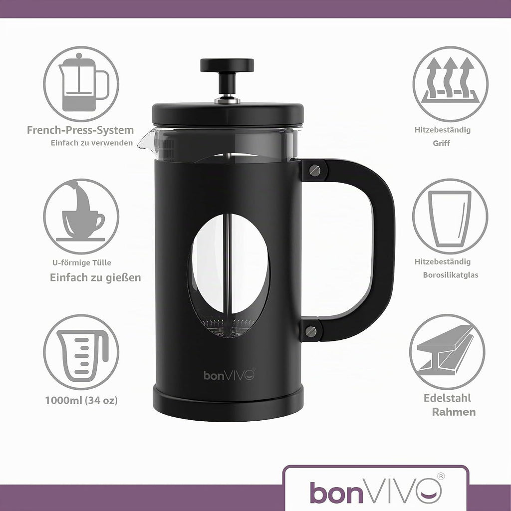 Bonvivo French Press Kaffeebereiter 1L - Schwarz, 8 Tassen | Coffee Maker in Kupfer-Optik - Kaffekanne Aus Glas M. Edelstahl Filter U. Rahmen - Kaffee Presse