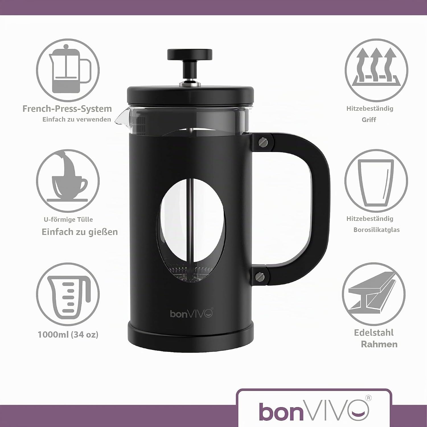 Bonvivo French Press Kaffeebereiter 1L - Schwarz, 8 Tassen | Coffee Maker in Kupfer-Optik - Kaffekanne Aus Glas M. Edelstahl Filter U. Rahmen - Kaffee Presse