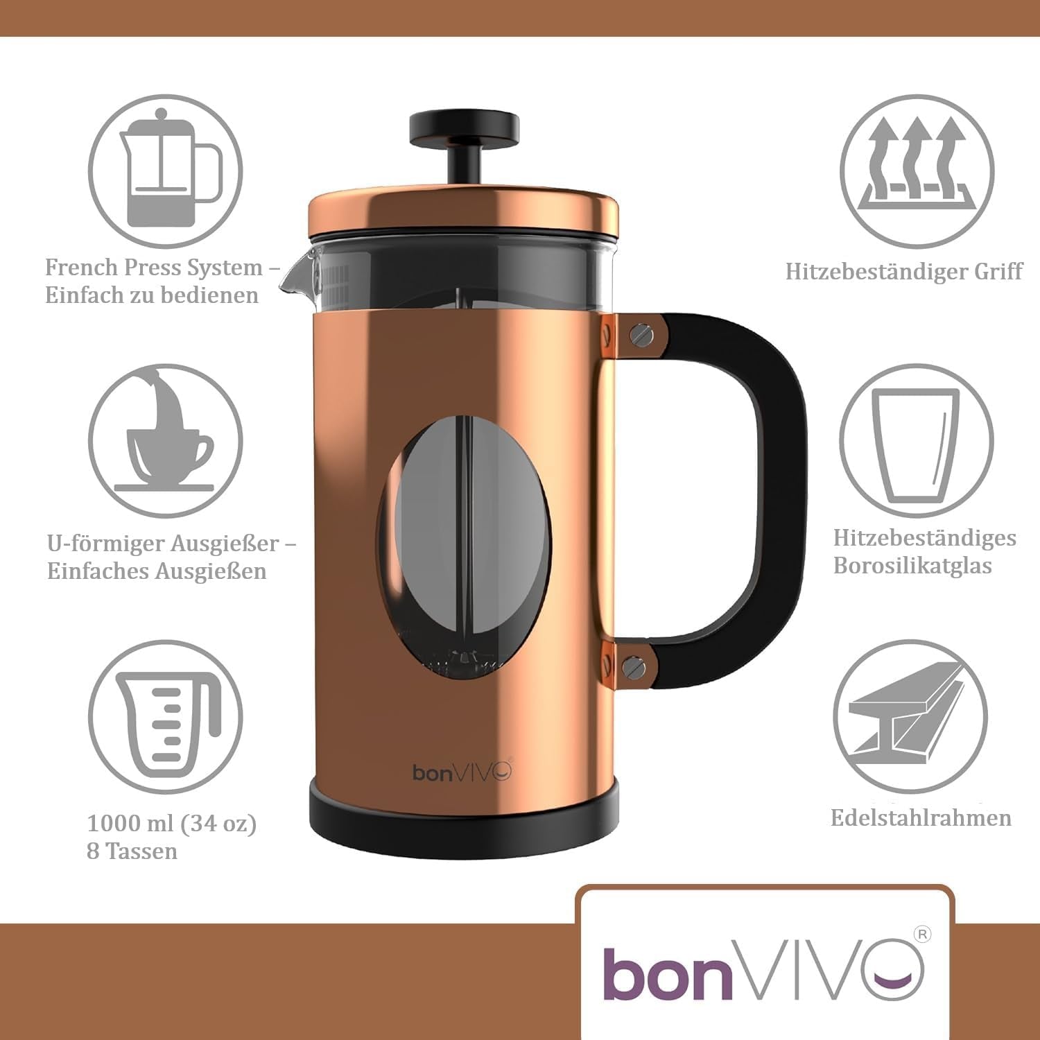 Bonvivo French Press 1L Kupfer-Optik – Kaffeepresse 8 Tassen | Kaffeebereiter Groß Aus Glas & Edelstahl – Coffee Maker Ohne Filter – Für Familie & Gäste