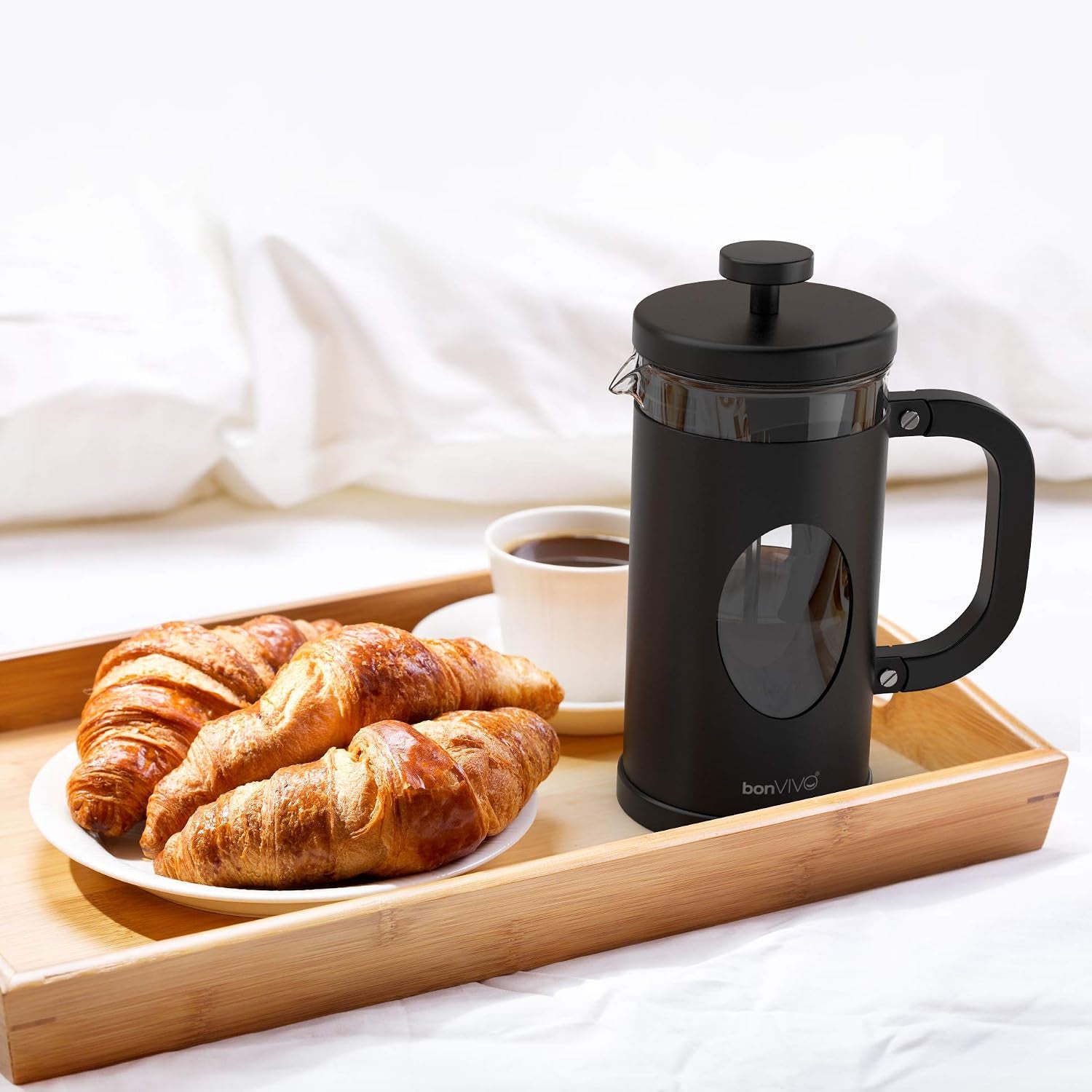 Bonvivo French Press Kaffeebereiter 1L - Schwarz, 8 Tassen | Coffee Maker in Kupfer-Optik - Kaffekanne Aus Glas M. Edelstahl Filter U. Rahmen - Kaffee Presse