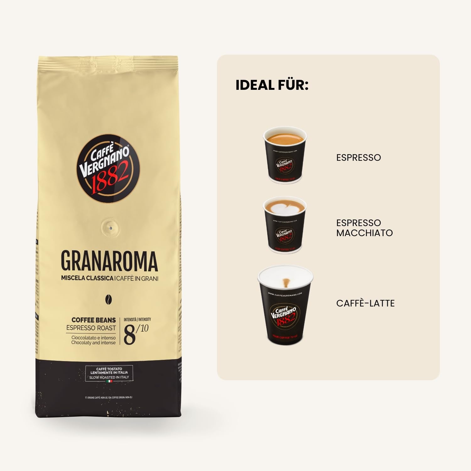 Caffè Vergnano 1882 - Ganze Bohnen Granaroma | 1 Packung, 1 Kg