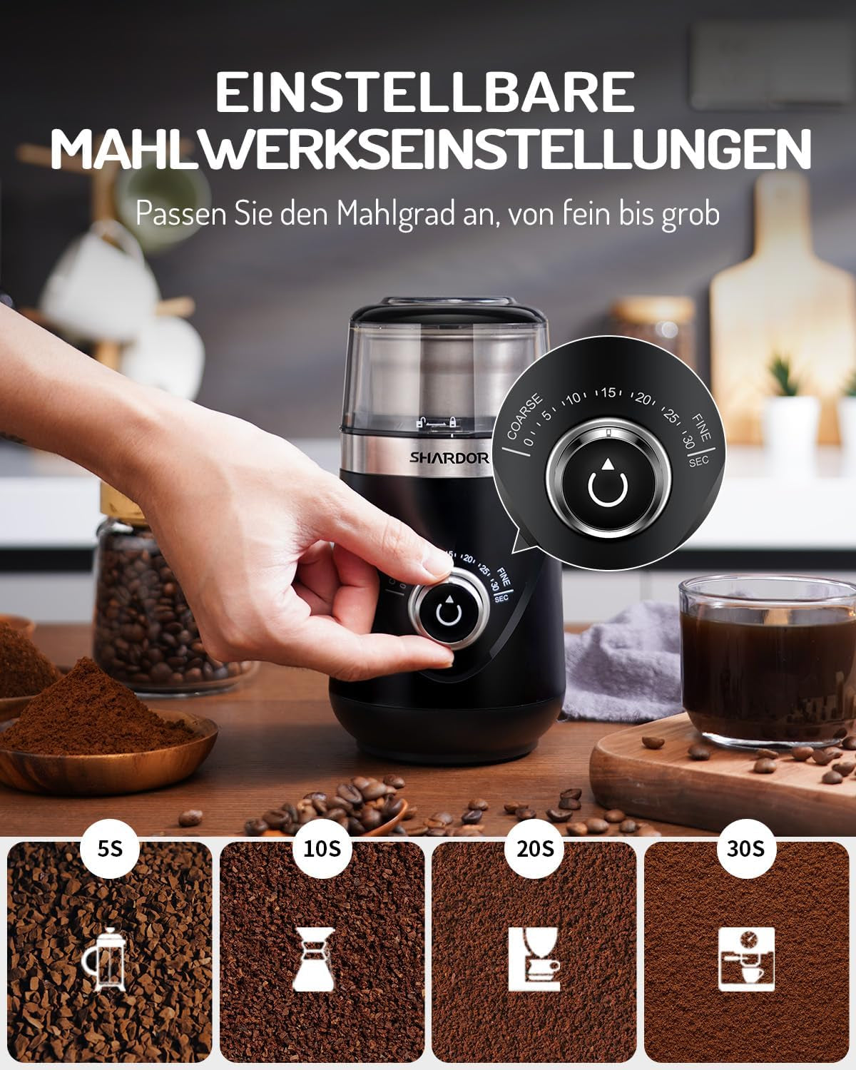 SHARDOR Kaffeemühle Elektrisch Mit 2 Edelstahltassen Gewürzmühle, Automatischer Timer, Coffee Grinder Für Kaffeebohnen, Gewürzen, Getreide, Nüssen Verwendet Werden, 2 * 80 G