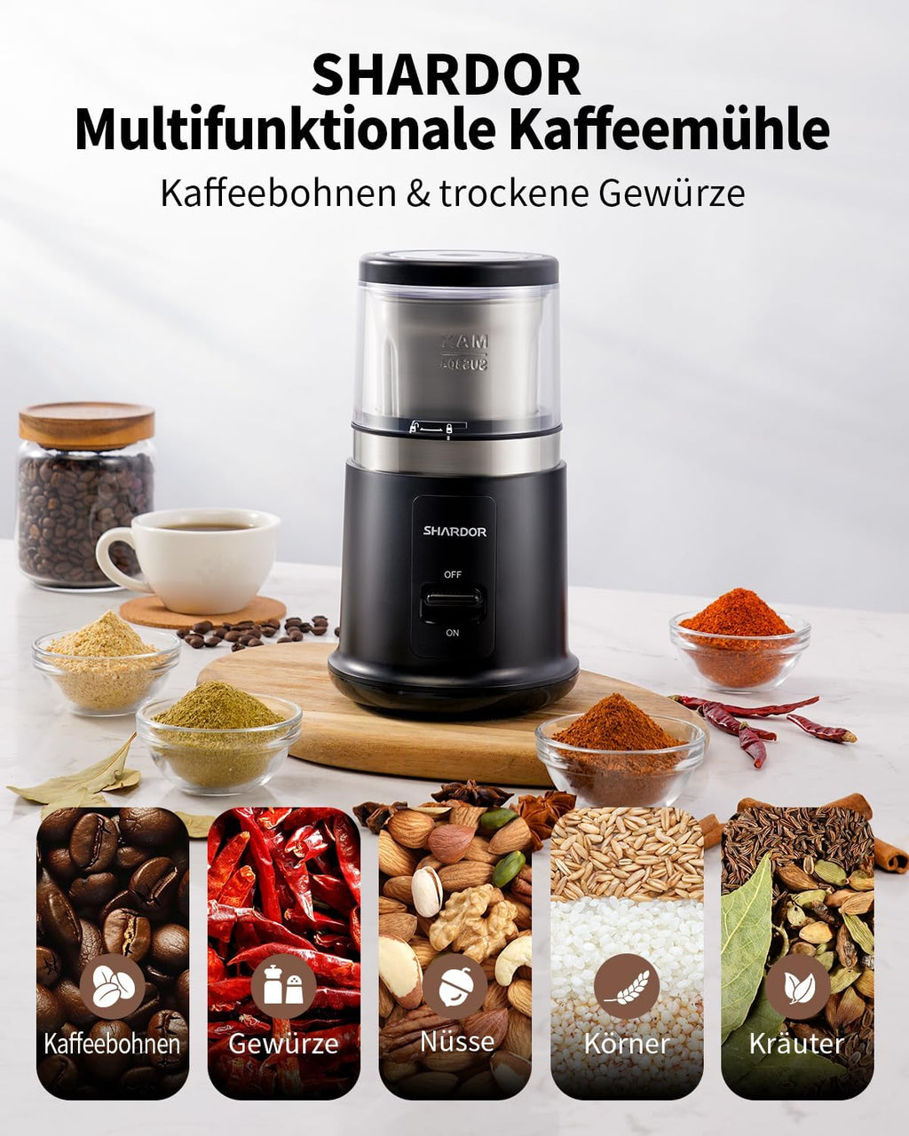 SHARDOR Kaffeemühle Elektrisch, 75G Füllmenge Gewürzmühle Mit Abnehmbarer Edelstahlschüssel, Coffee Grinder Für Kaffeebohnen, Gewürzen, Getreide, Nüssen Verwendet Werden