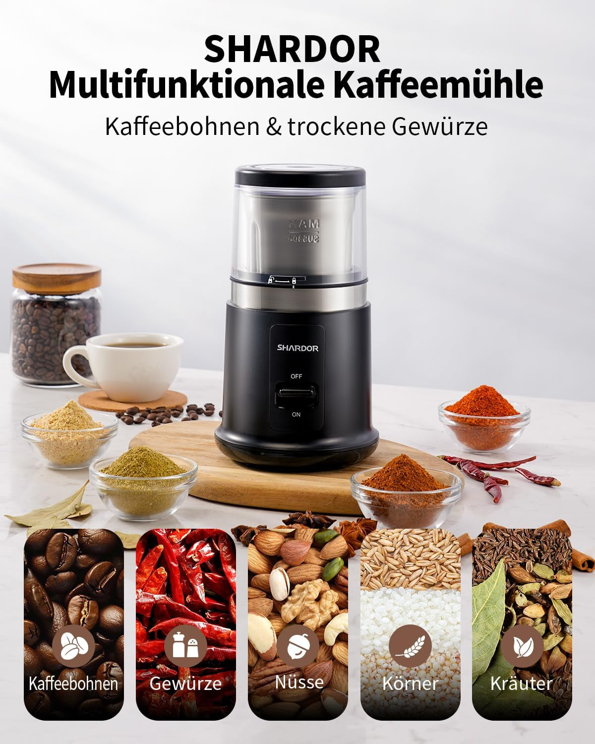 SHARDOR Kaffeemühle Elektrisch, 75G Füllmenge Gewürzmühle Mit Abnehmbarer Edelstahlschüssel, Coffee Grinder Für Kaffeebohnen, Gewürzen, Getreide, Nüssen Verwendet Werden