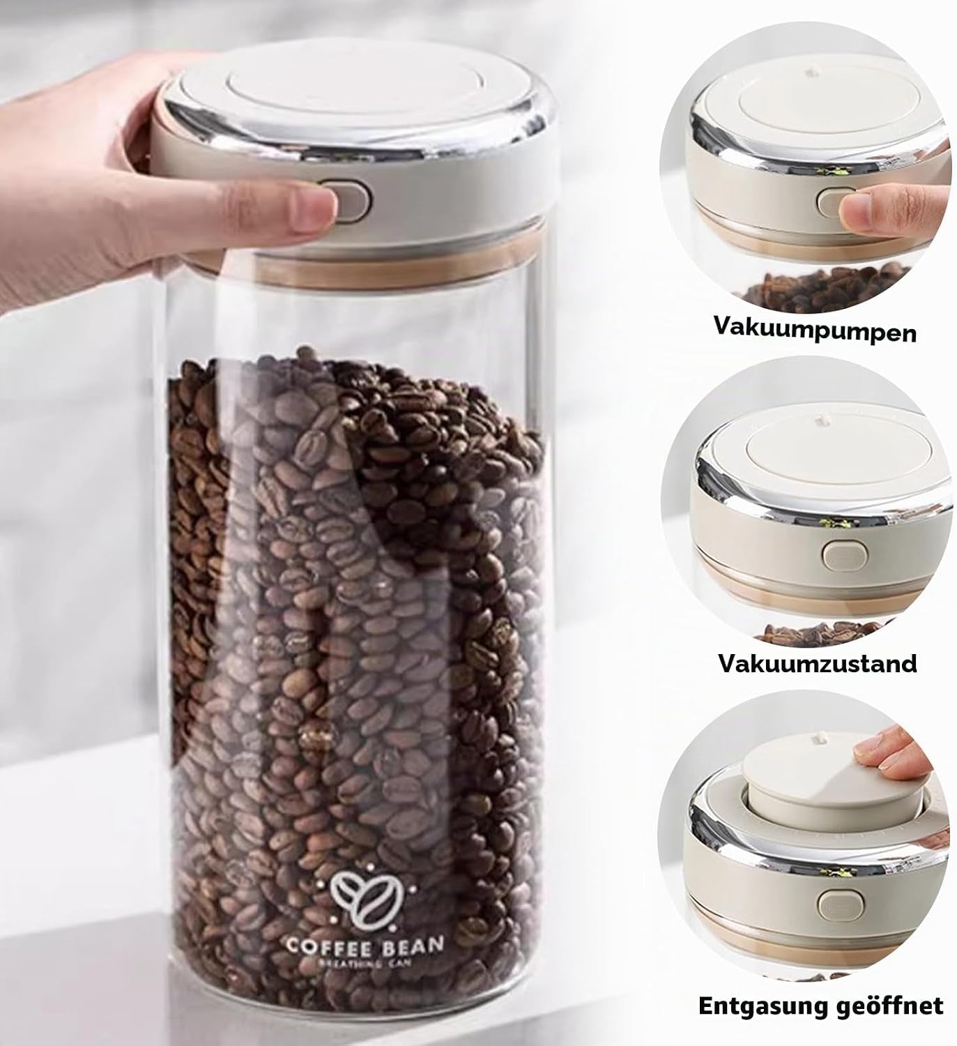 Glas Kaffeedose Luftdicht, 1,7L Vakuum Kaffeebohnen Transparent Behälter Mit Auslassventil Datumsanzeige Kaffeebehälter Aufbewahrung Für Kaffeebohnen Pulver Nüsse Tee Kakao Teeblätter
