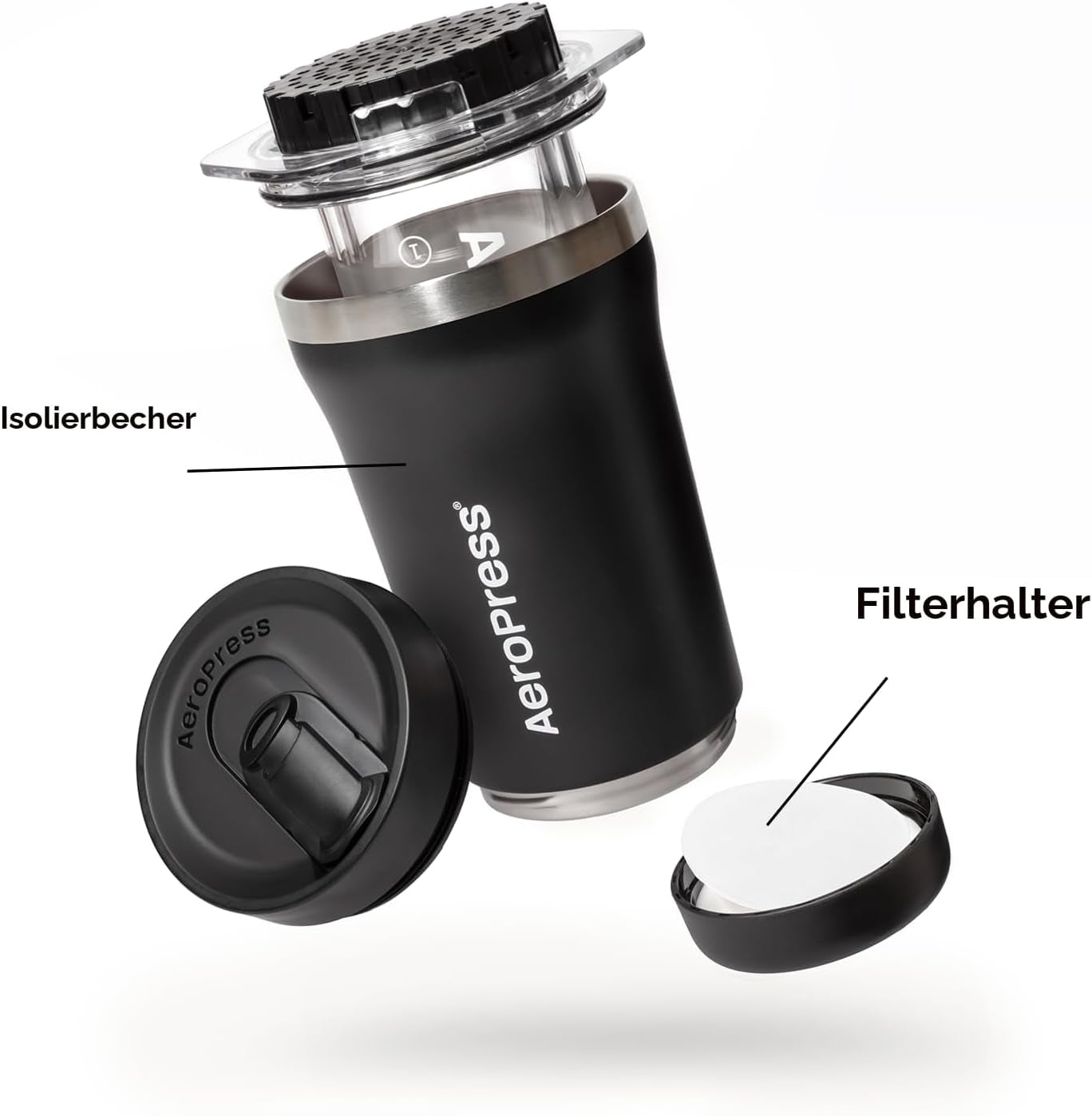 Aeropress Go plus Kleines Tragbares Kaffeemaschinen-Set, Ideal Für Reisen, Camping & Büro, All-In-One French Press, Manuelle Espresso- & Pour-Over-Kaffeemaschine, 2 Min Brühzeit, Schwarz