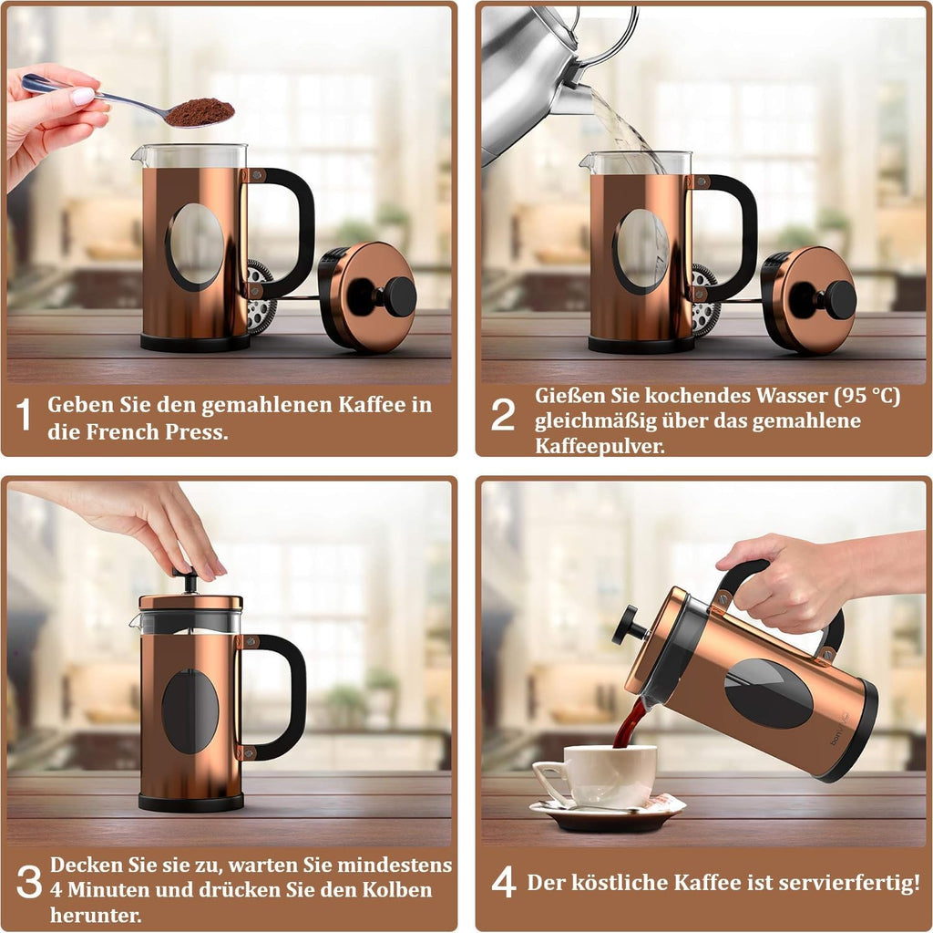 Bonvivo French Press 1L Kupfer-Optik – Kaffeepresse 8 Tassen | Kaffeebereiter Groß Aus Glas & Edelstahl – Coffee Maker Ohne Filter – Für Familie & Gäste