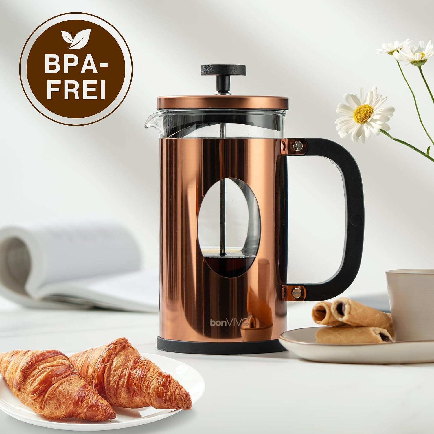 Bonvivo French Press 1L Kupfer-Optik – Kaffeepresse 8 Tassen | Kaffeebereiter Groß Aus Glas & Edelstahl – Coffee Maker Ohne Filter – Für Familie & Gäste