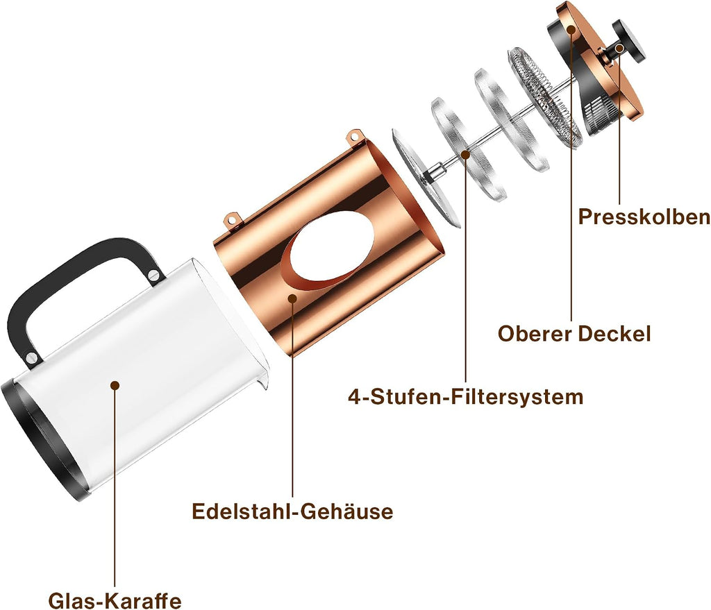 Bonvivo French Press 1L Kupfer-Optik – Kaffeepresse 8 Tassen | Kaffeebereiter Groß Aus Glas & Edelstahl – Coffee Maker Ohne Filter – Für Familie & Gäste